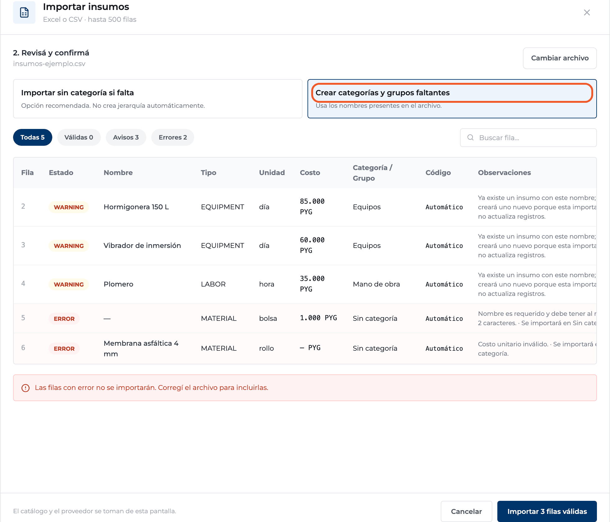Product screenshot: Import supplies from Excel or CSV