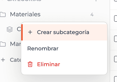 Captura de producto: Crear categorías y subcategorías