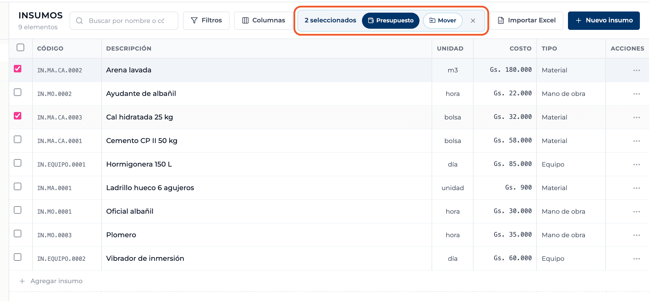 Captura de producto: Navegar, buscar, filtrar y elegir columnas