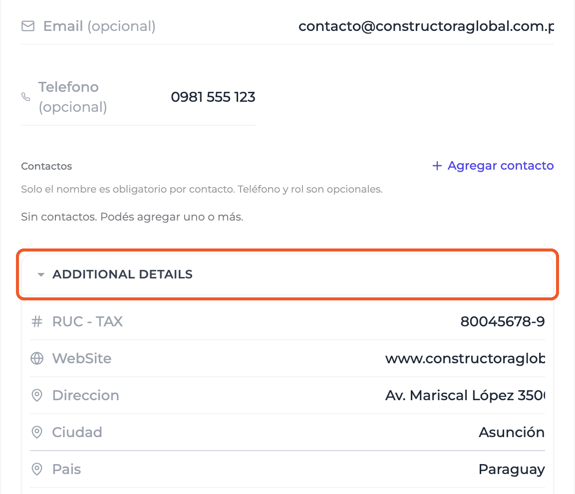 Product screenshot: Create a client with its details and contacts