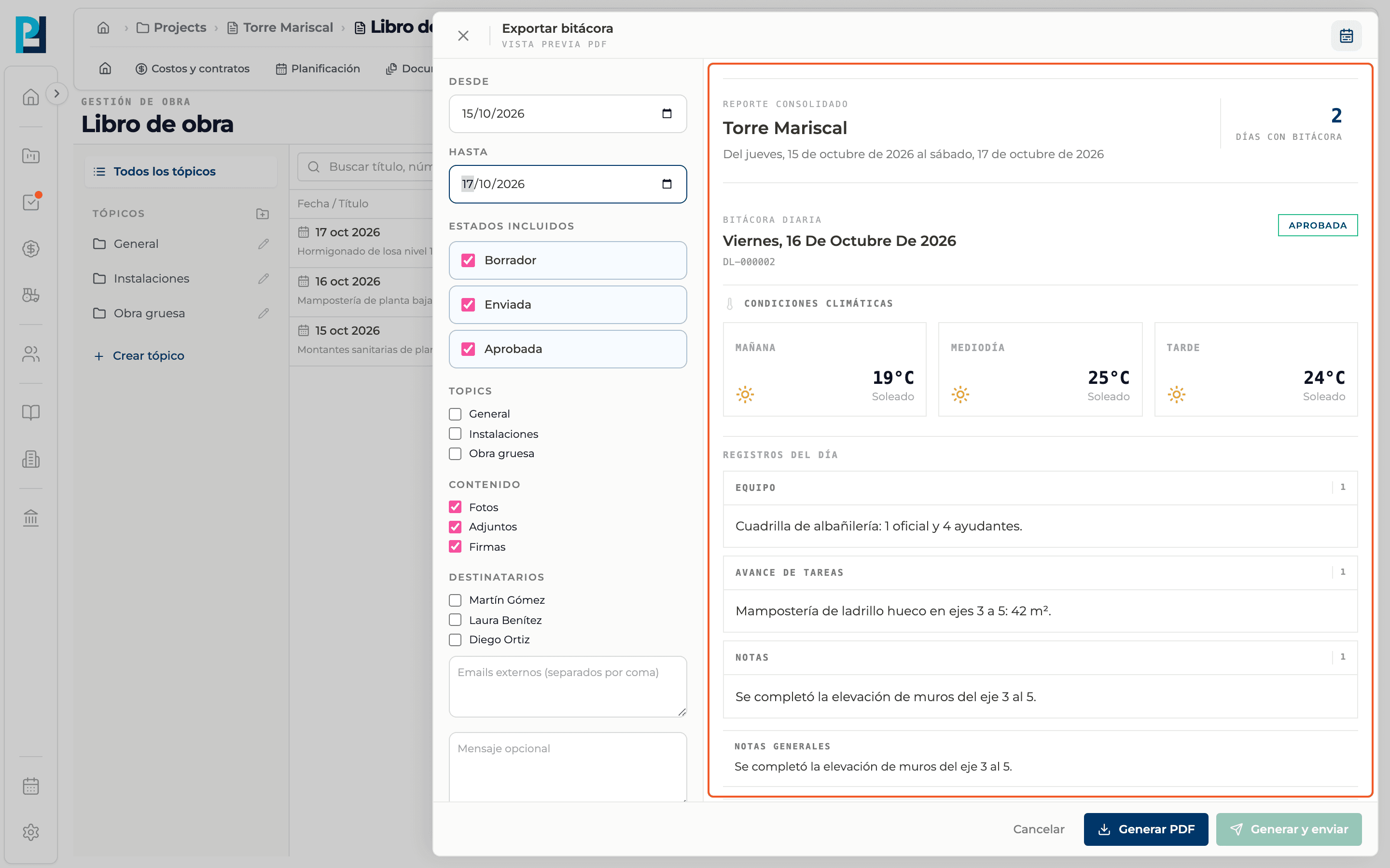 Product screenshot: Export to PDF and send it by email
