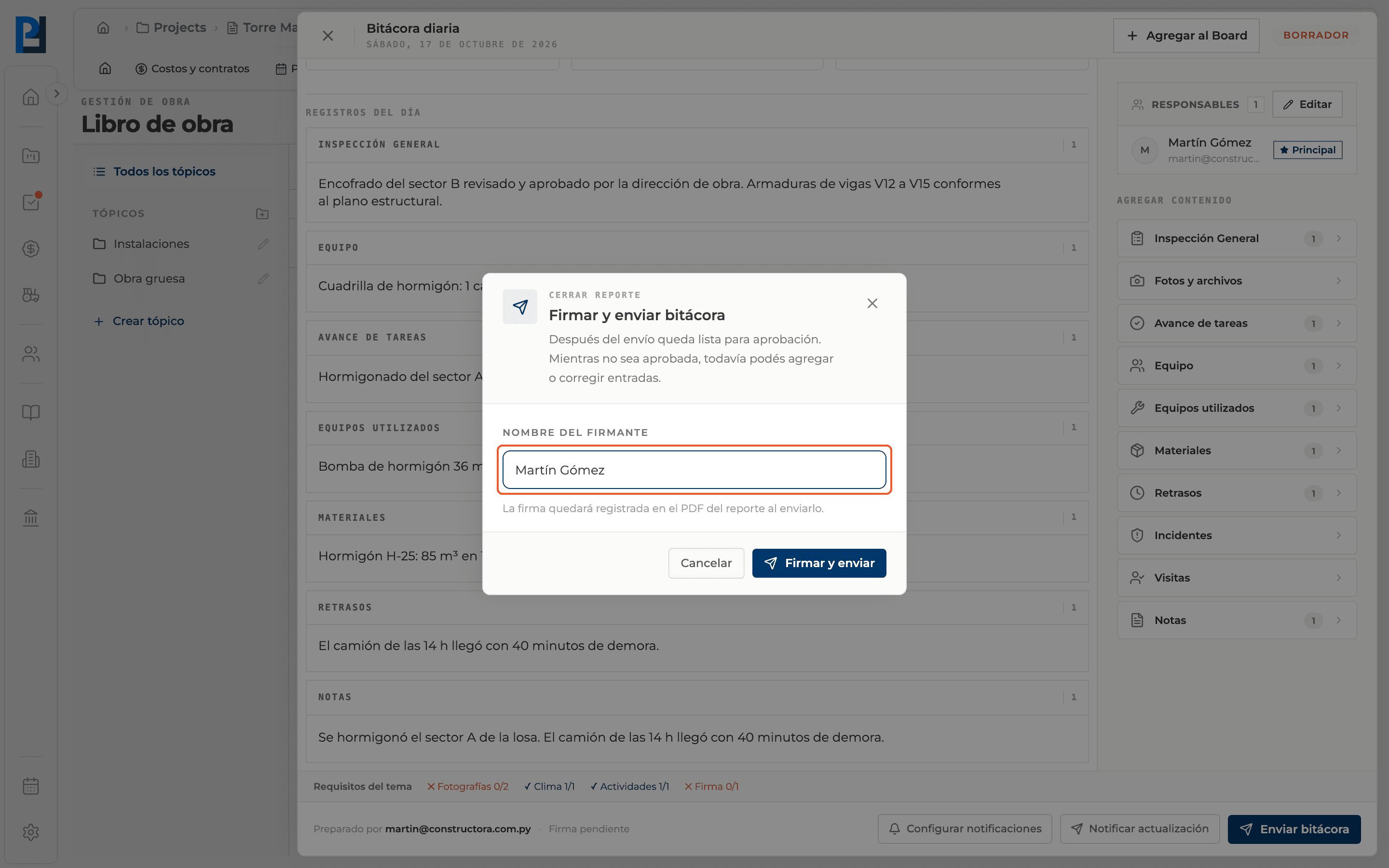 Product screenshot: Sign and submit the log