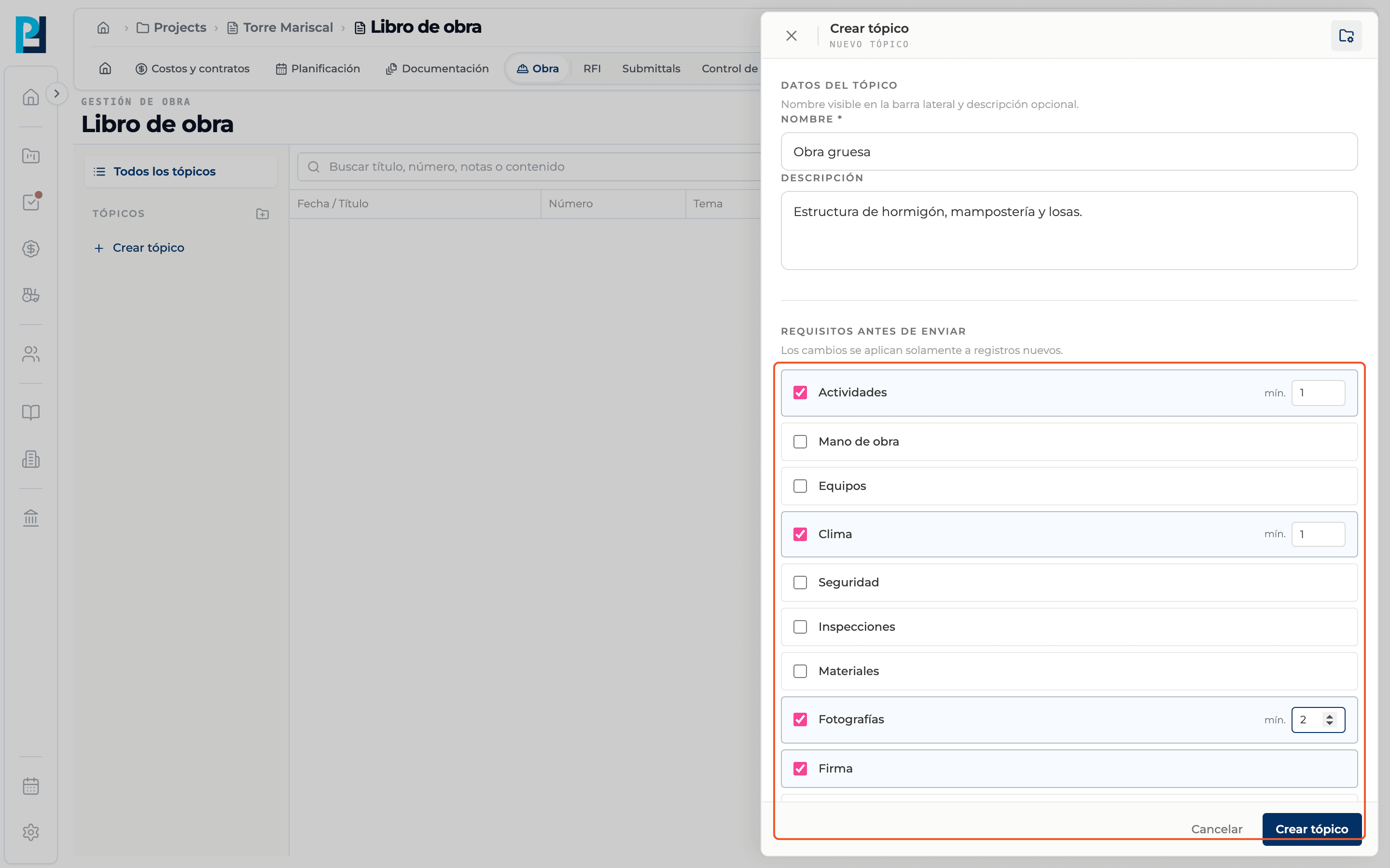 Captura de producto: Tópicos: crear, editar y definir requisitos
