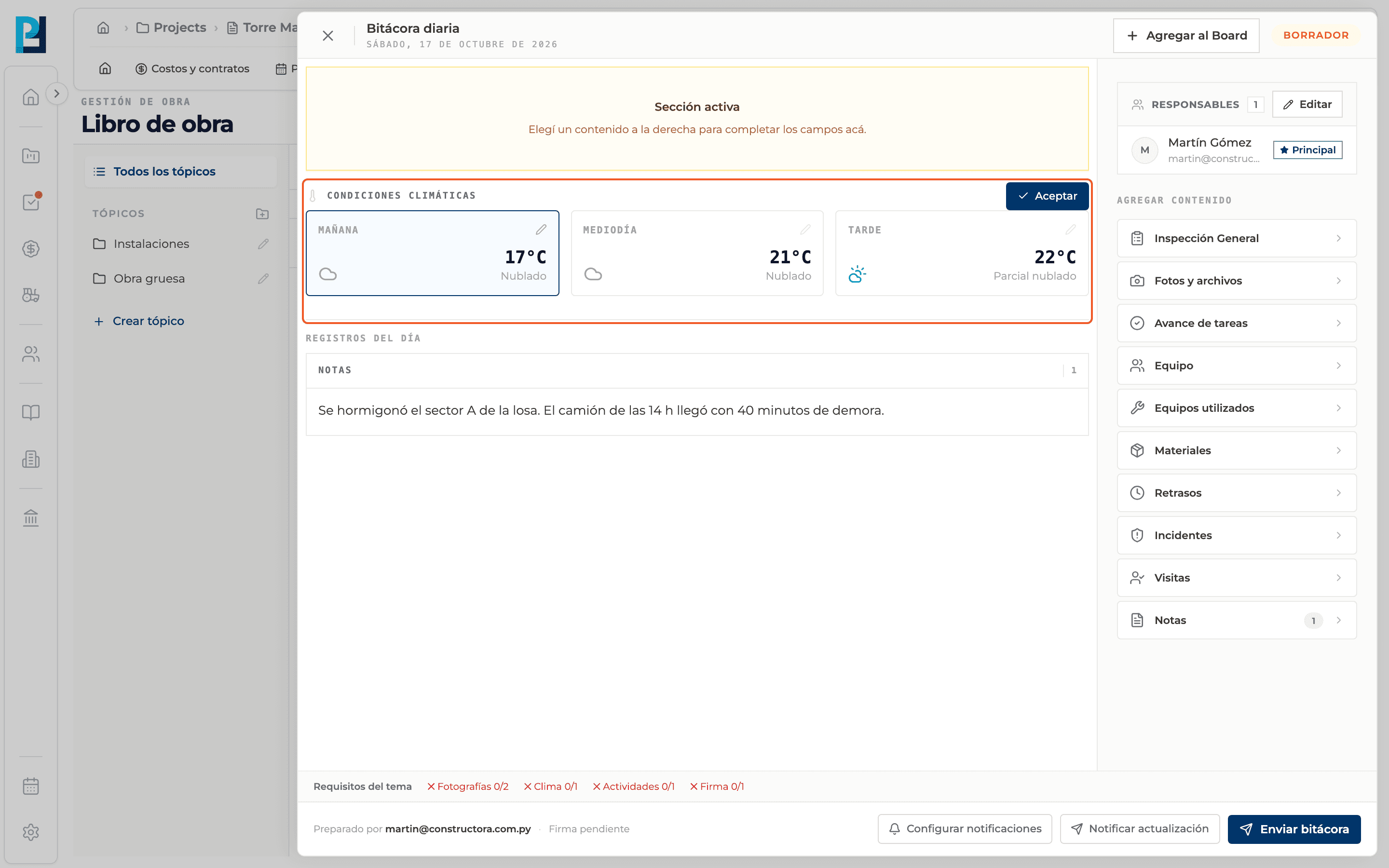 Captura de producto: Cargar y editar el clima del día