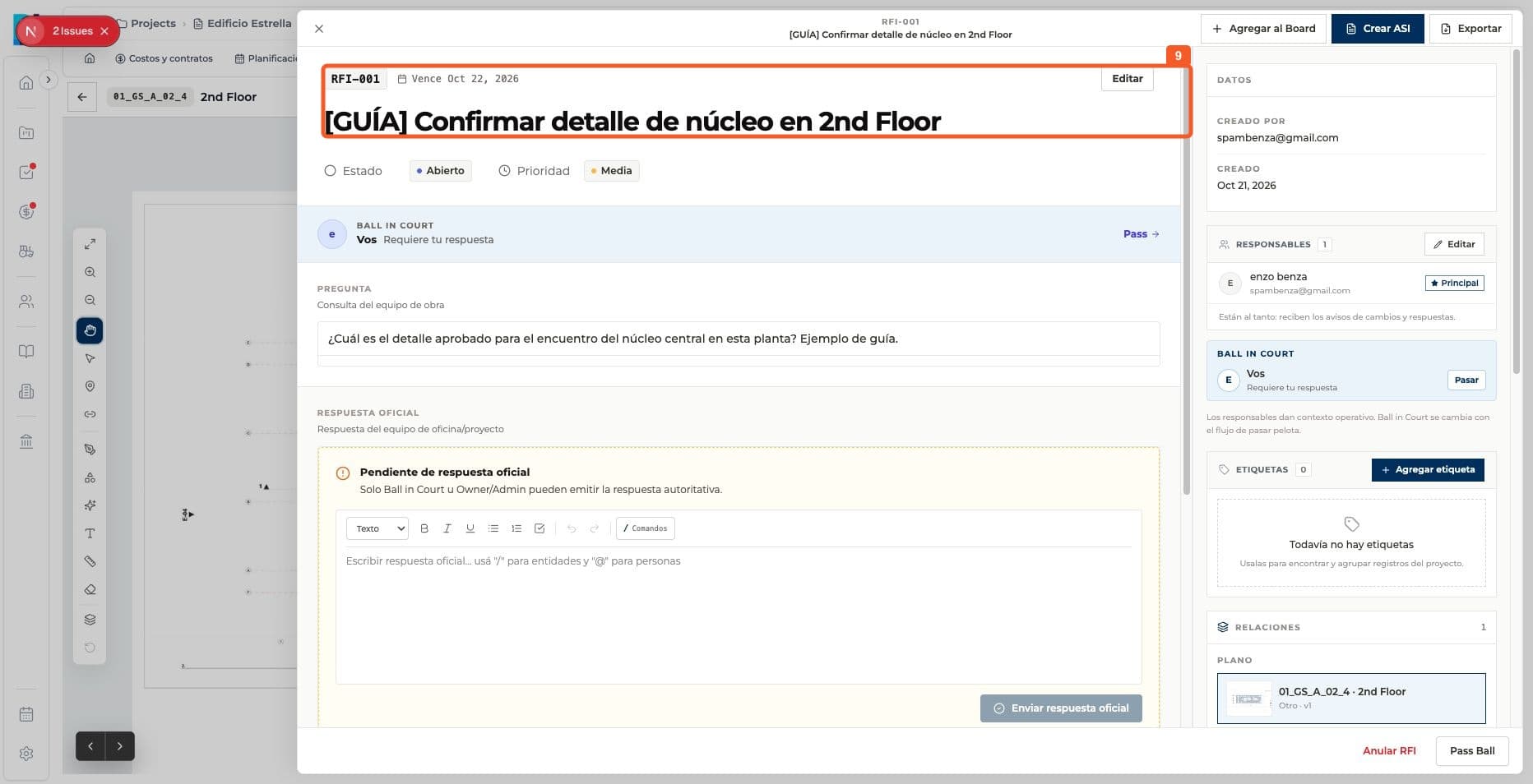 Captura de producto: Crear un RFI desde un plano