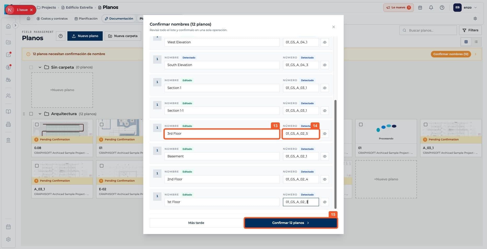 Step 8: Correct sheet titles and codes before confirming.