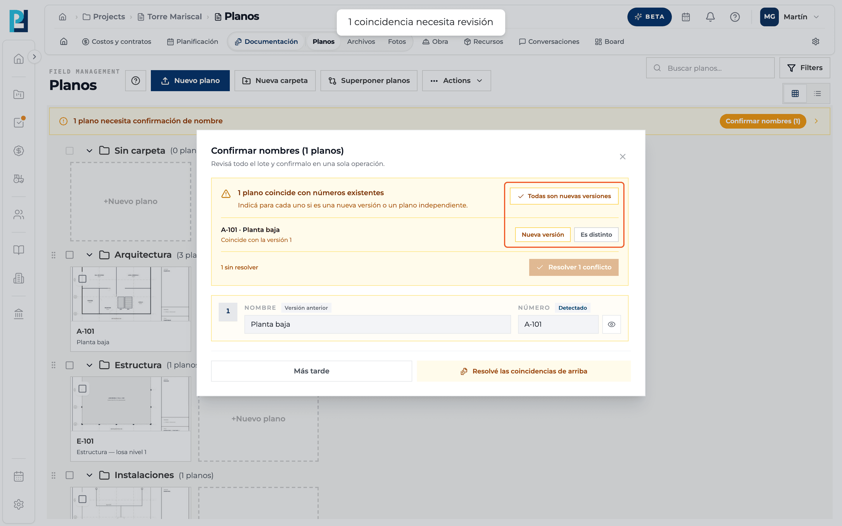 Captura de producto: Subir una versión nueva de un plano