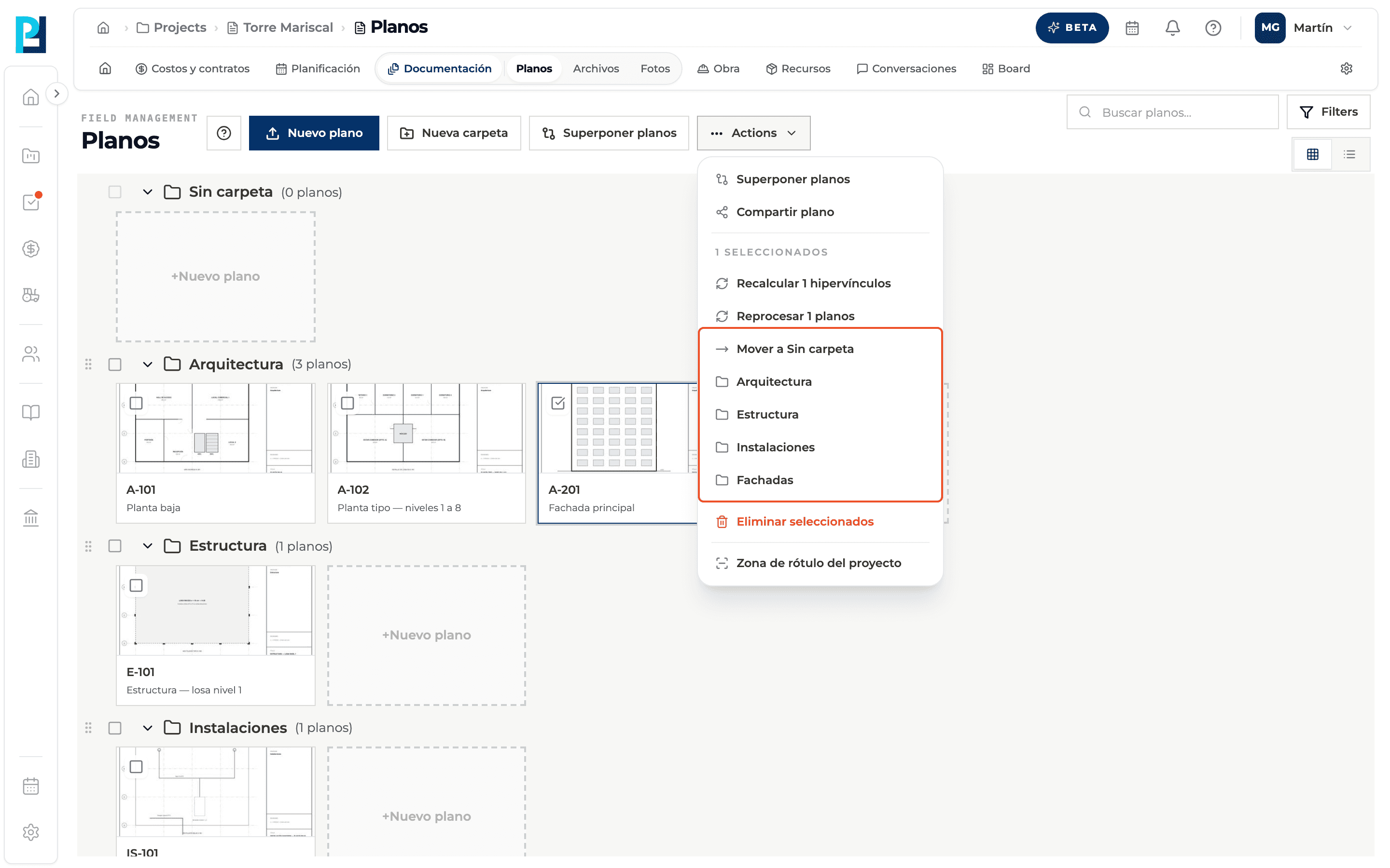 Captura de producto: Mover planos entre carpetas y reordenar carpetas