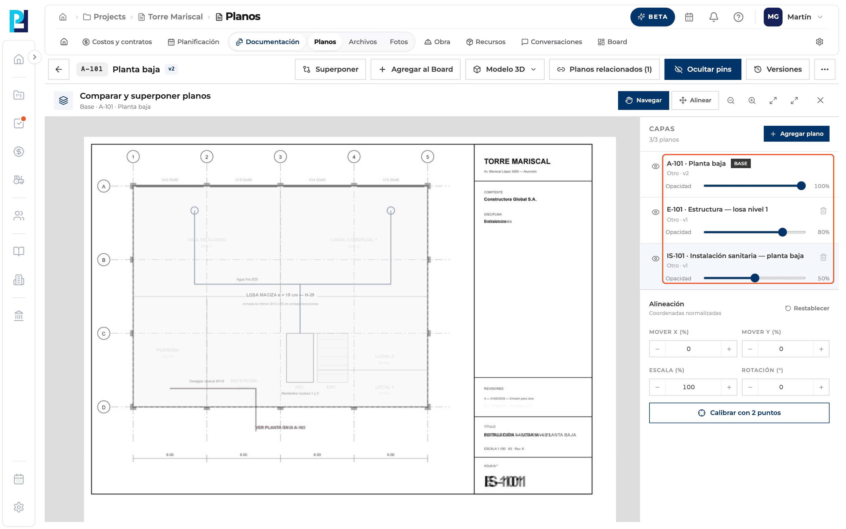 Product screenshot: The «Compare and overlay drawings» panel: layers, opacity and visibility