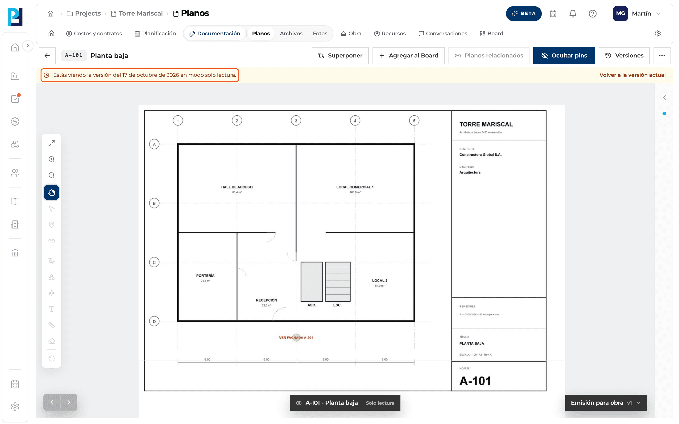 Product screenshot: Who can do what: permissions, current version and shared drawings
