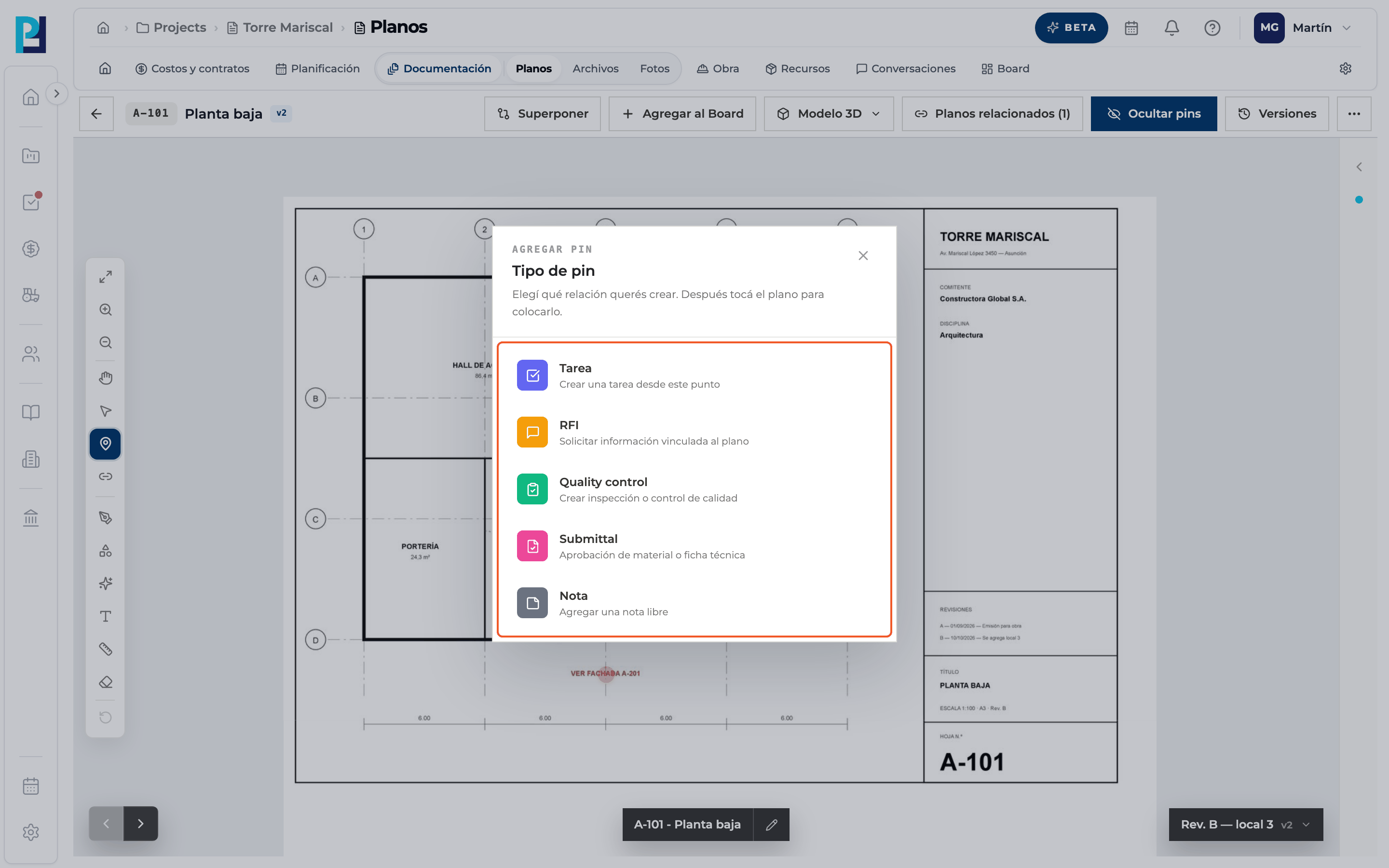Captura de producto: Colocar un pin y crear o vincular una tarea, RFI, control de calidad, Submittal o nota