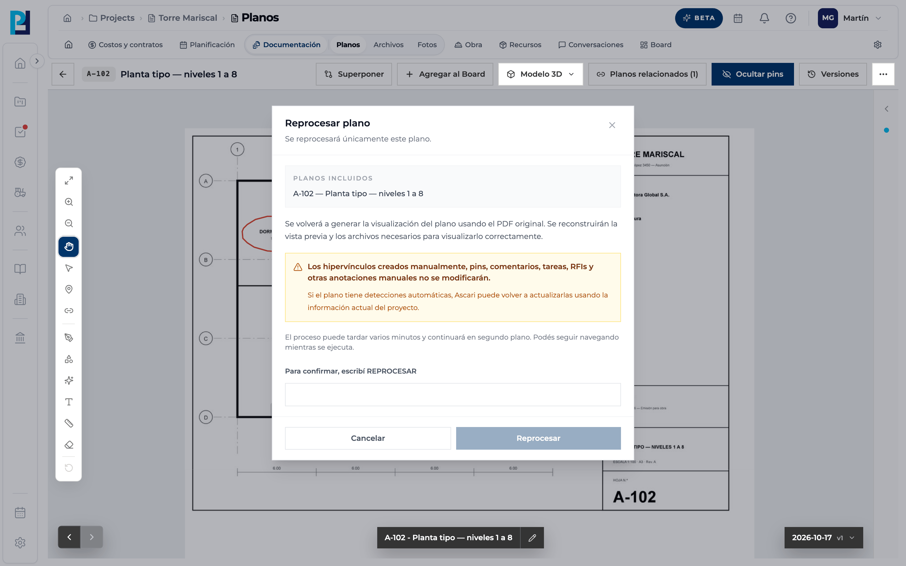 Captura de producto: Reprocesar un plano
