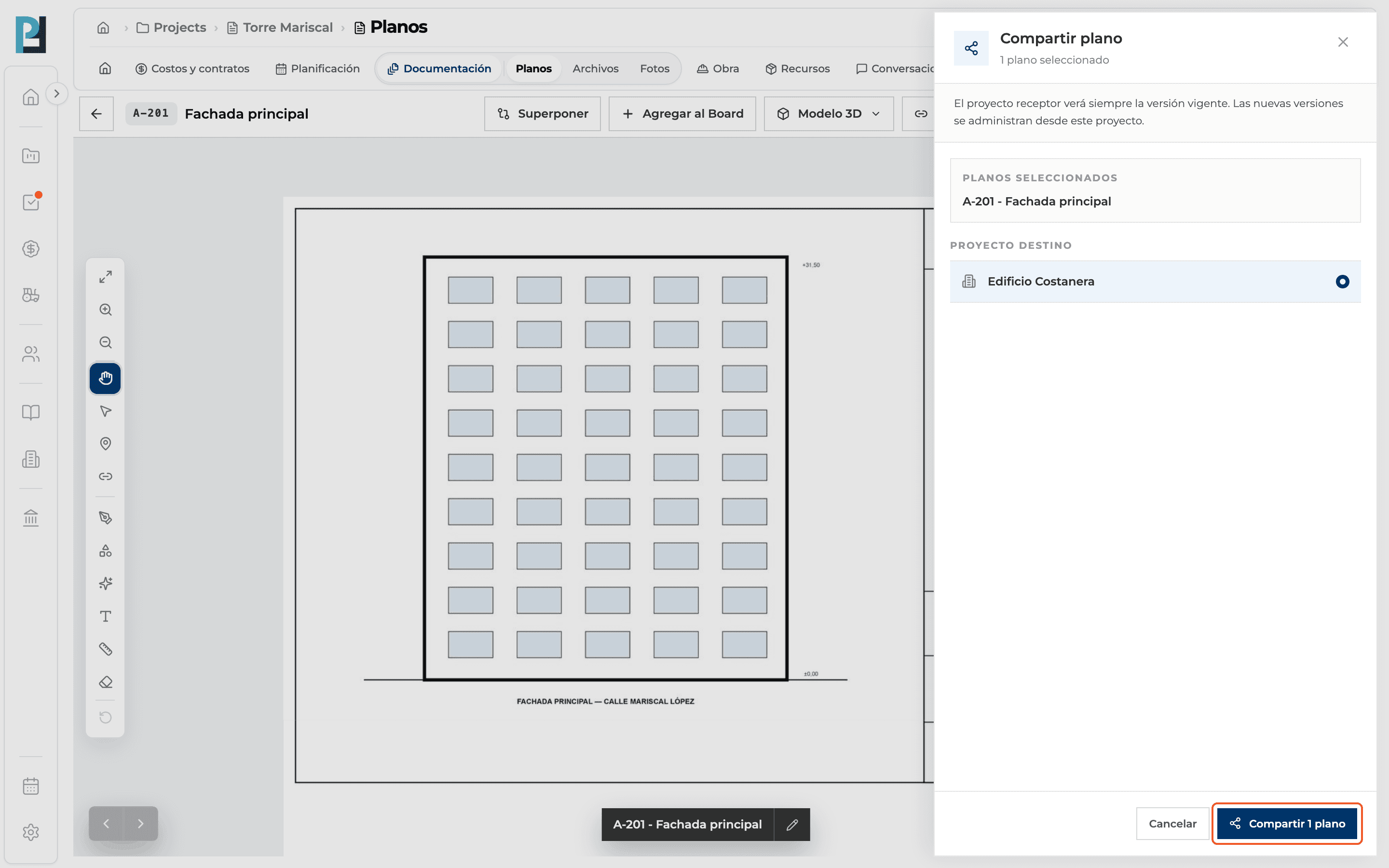 Captura de producto: Compartir planos o carpetas con otro proyecto
