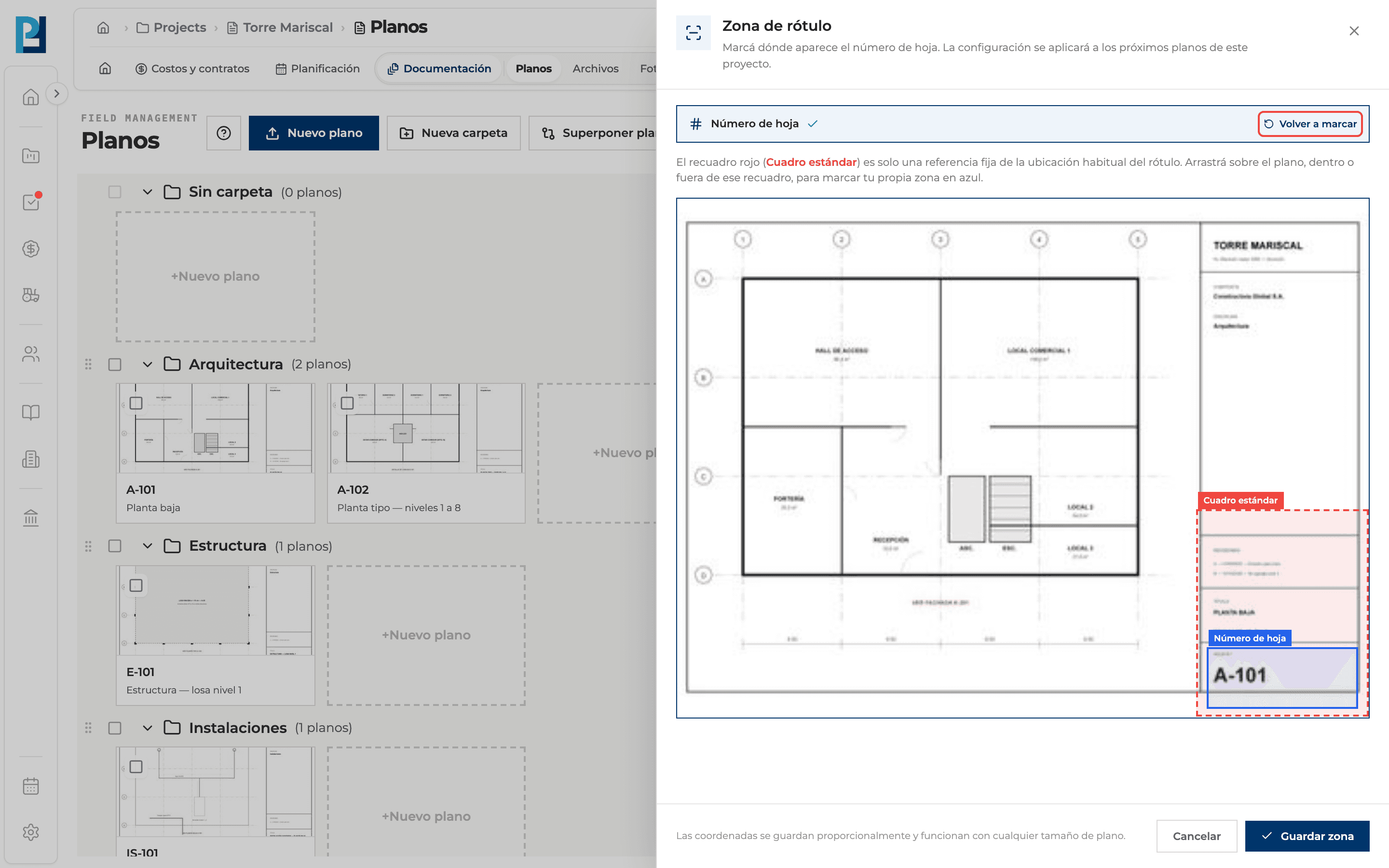 Product screenshot: Set the project's title block zone