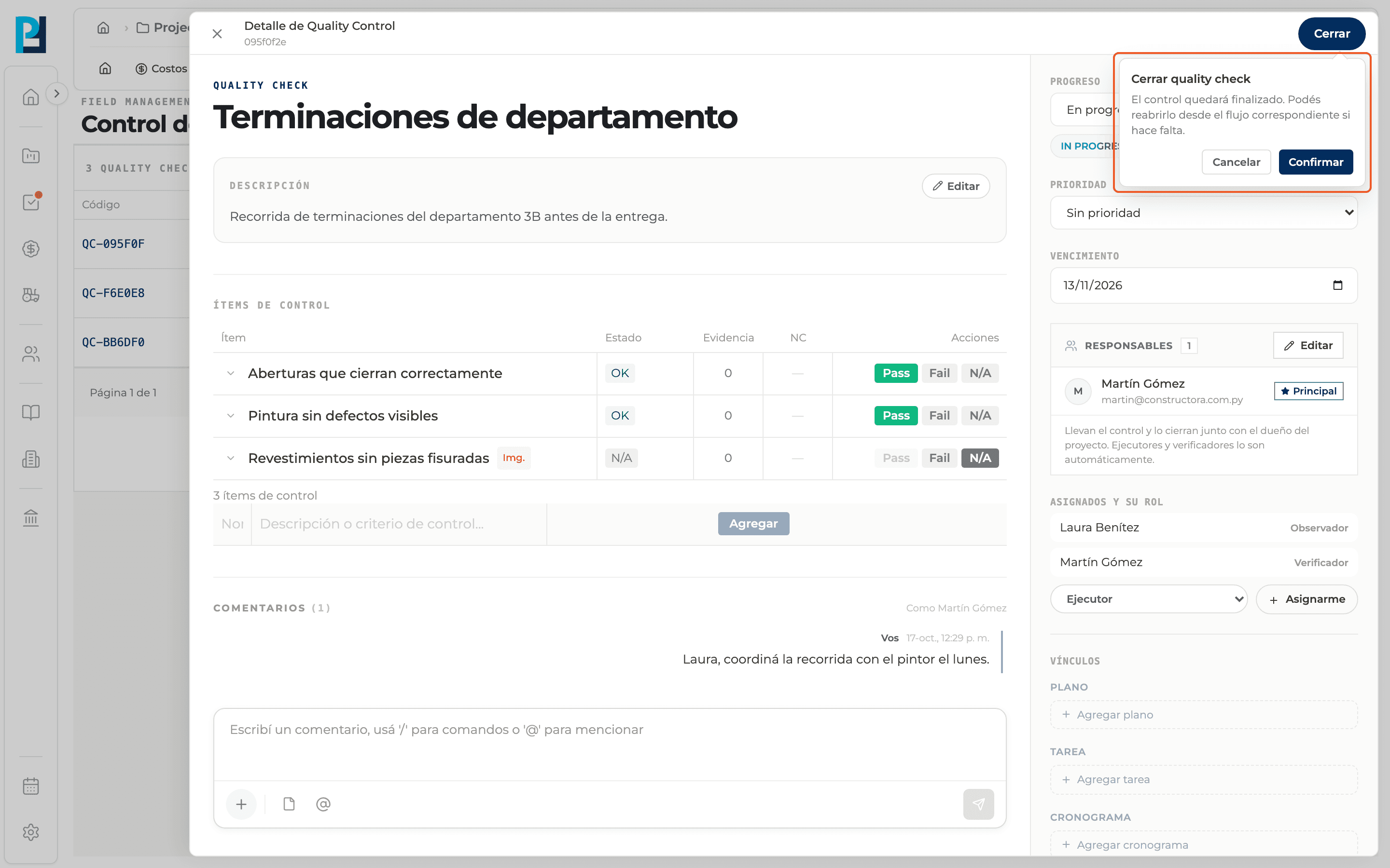 Captura de producto: Estado de un control y cómo cerrarlo