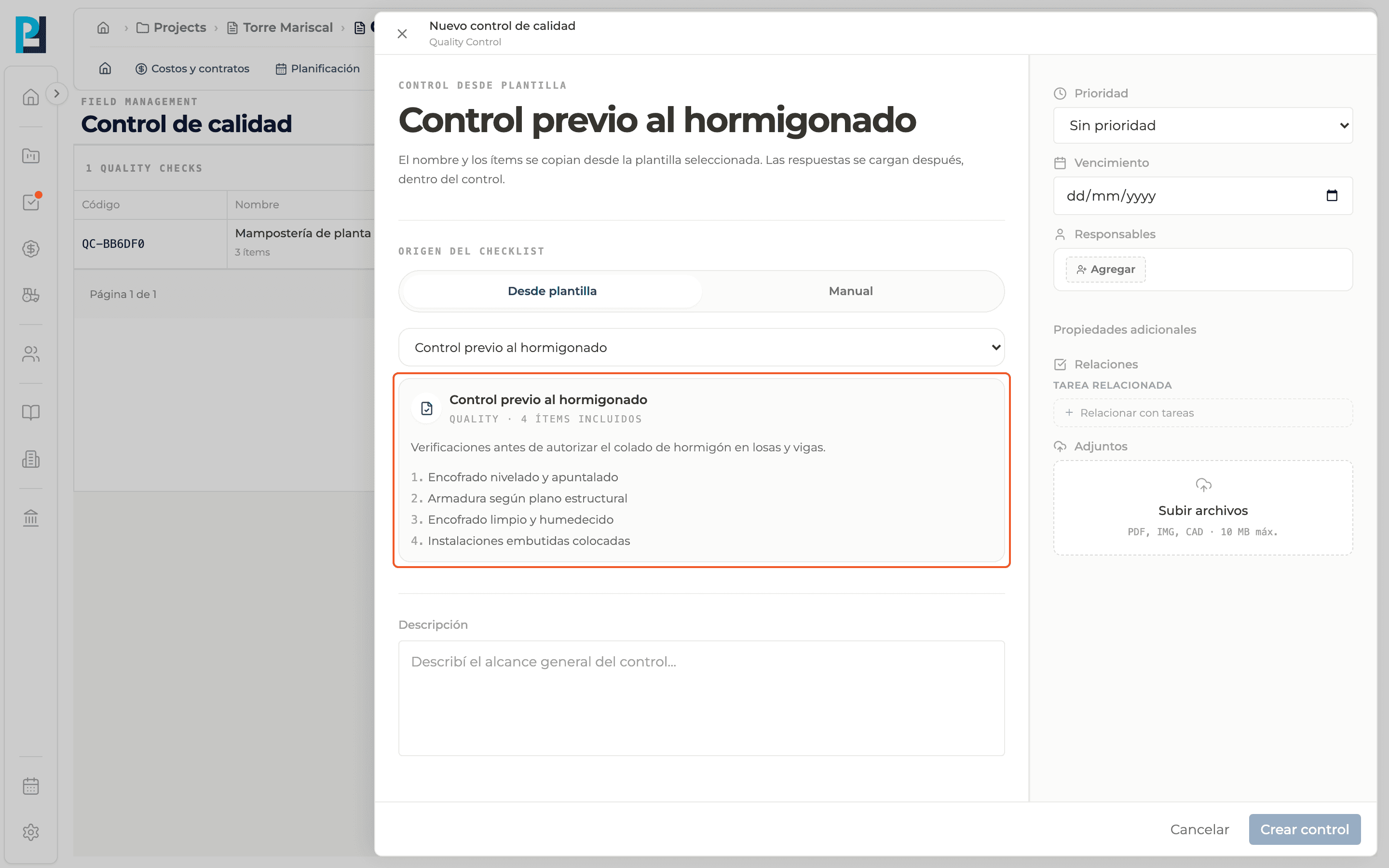 Product screenshot: Create a check from a template