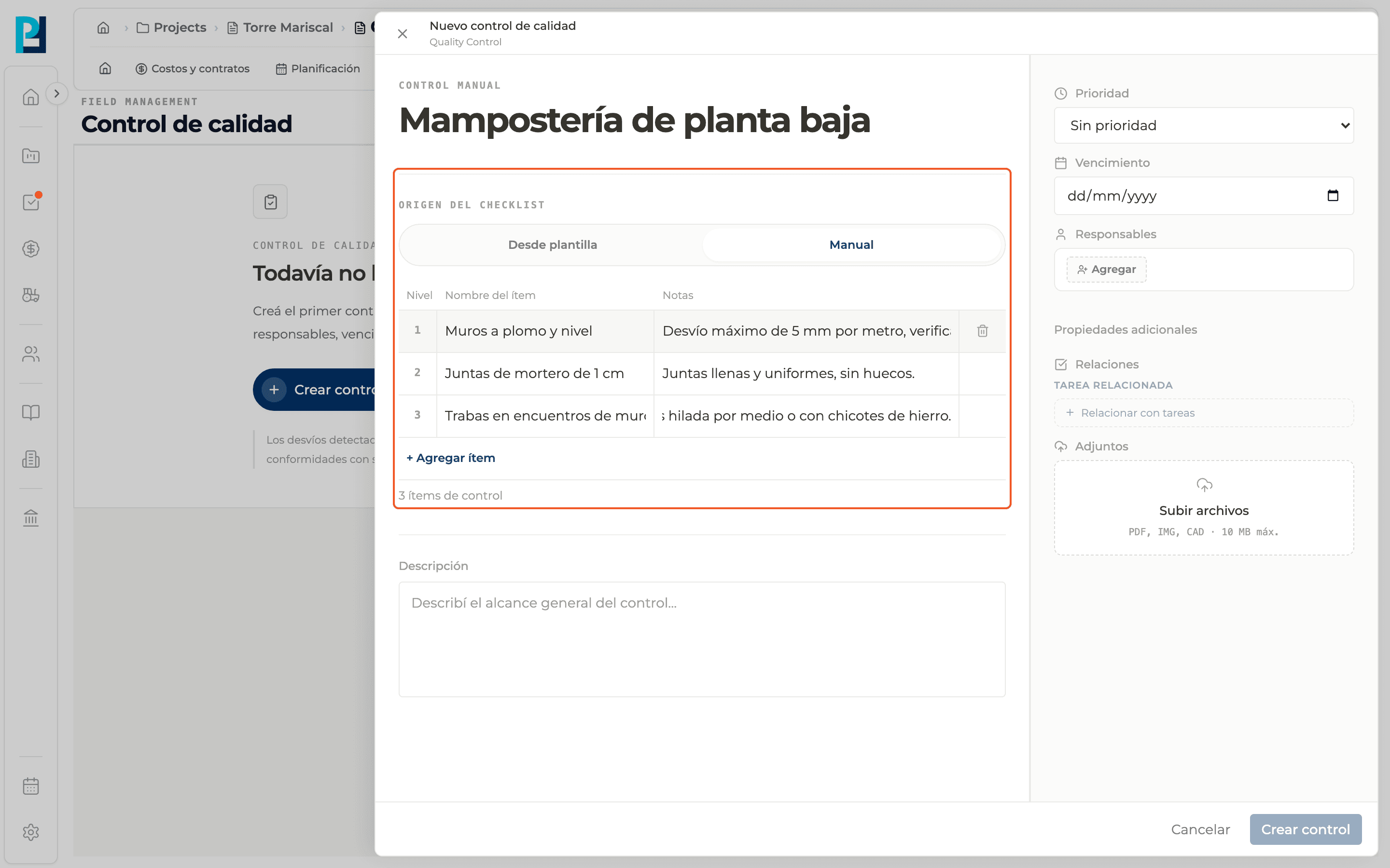 Captura de producto: Crear un control de calidad manual