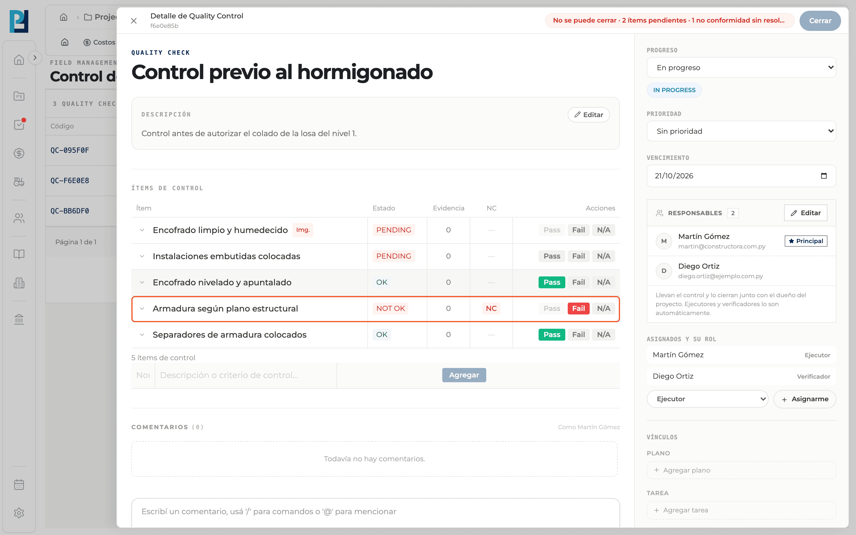 Product screenshot: Run the checklist: Pass, Fail and N/A