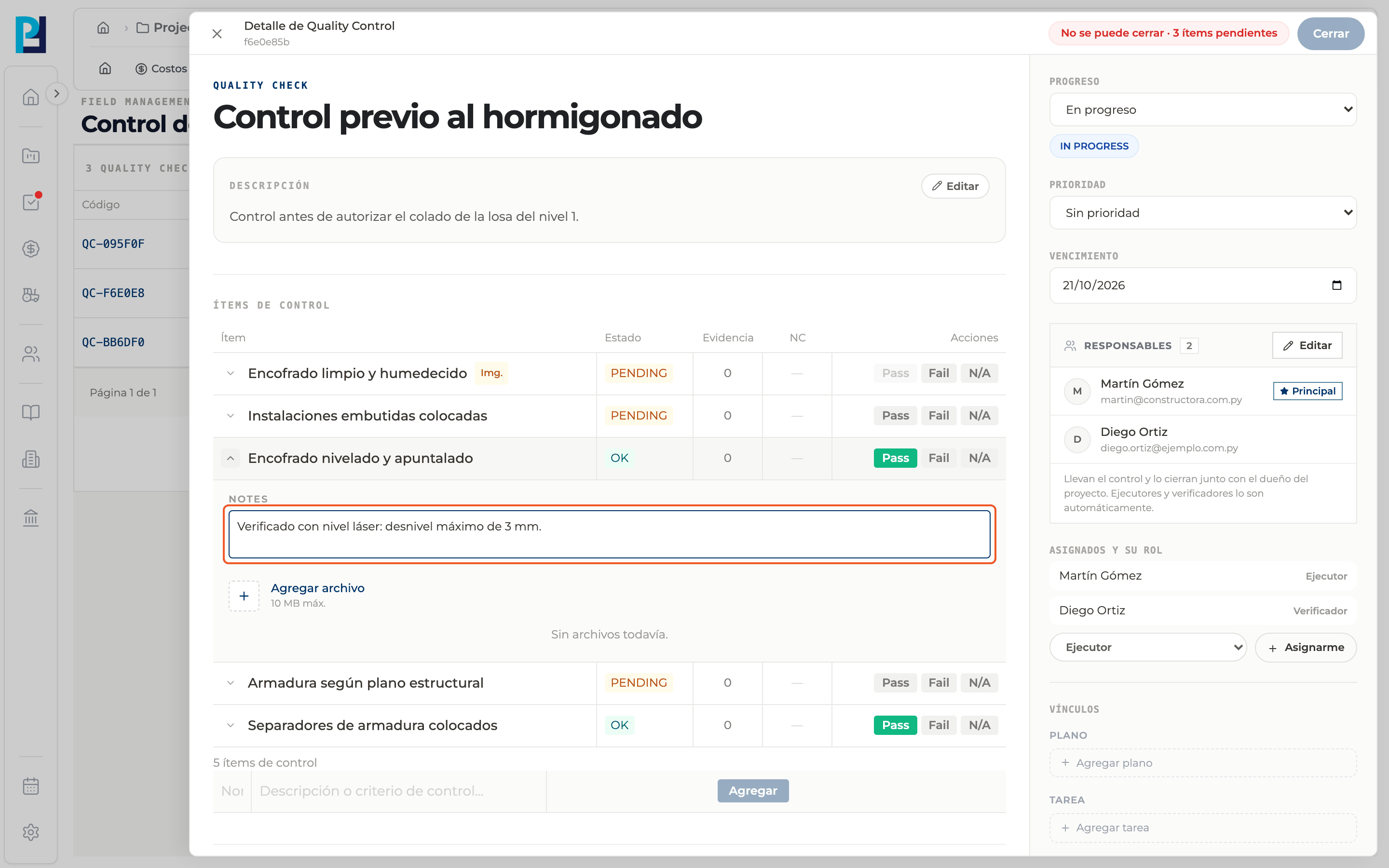 Captura de producto: Agregar notas y evidencia a un ítem