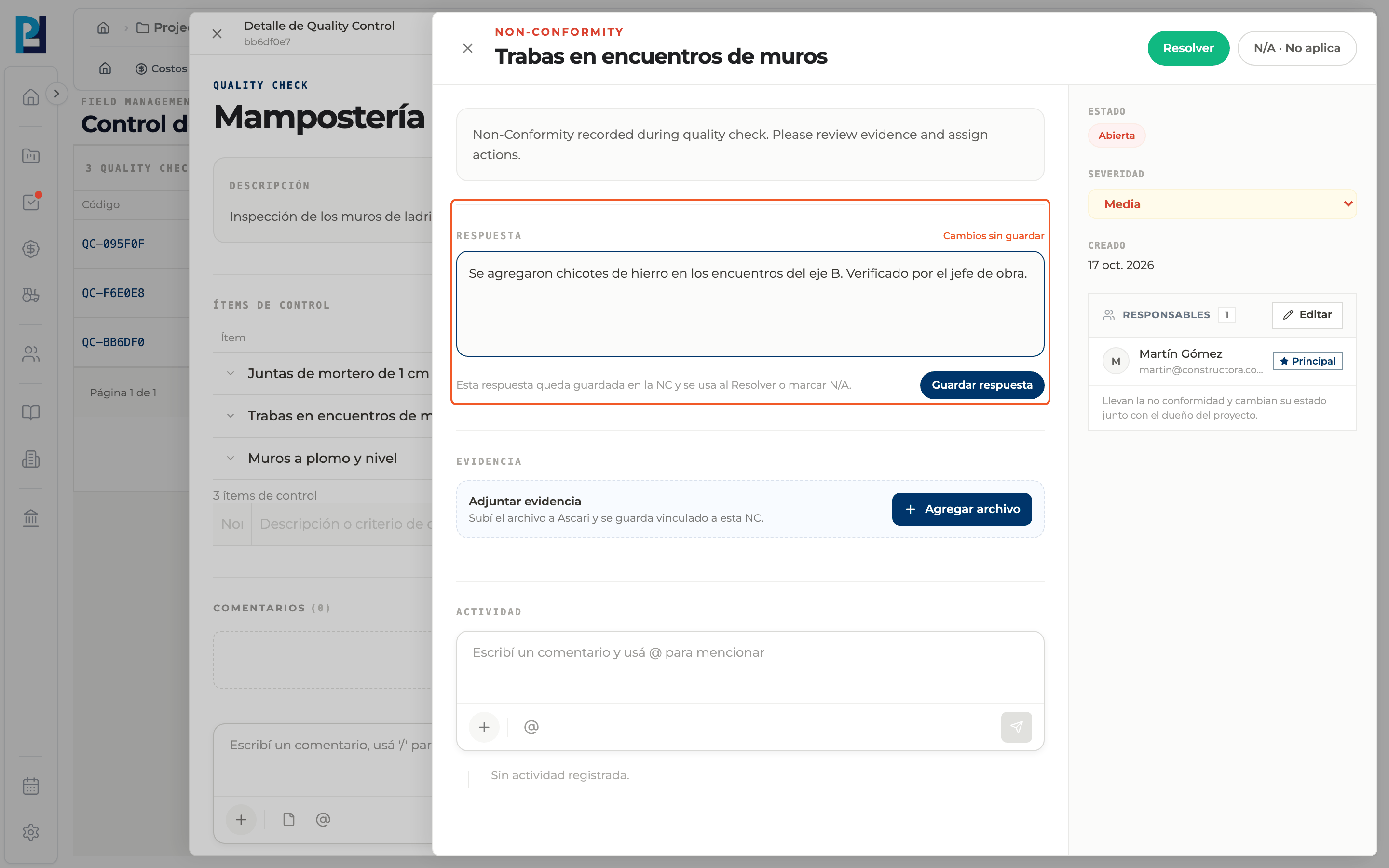 Product screenshot: Manage a non-conformity