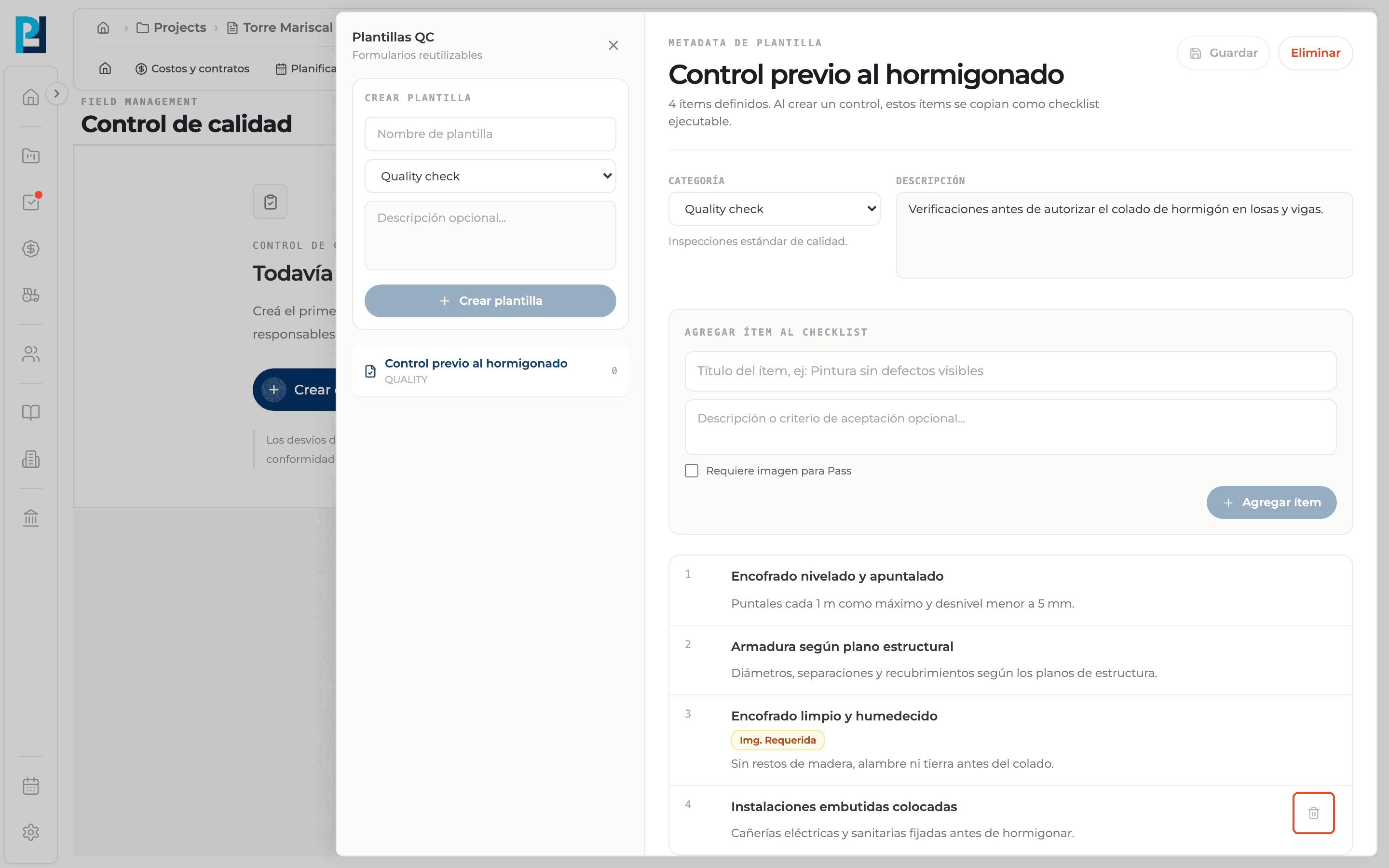 Captura de producto: Gestionar plantillas de control