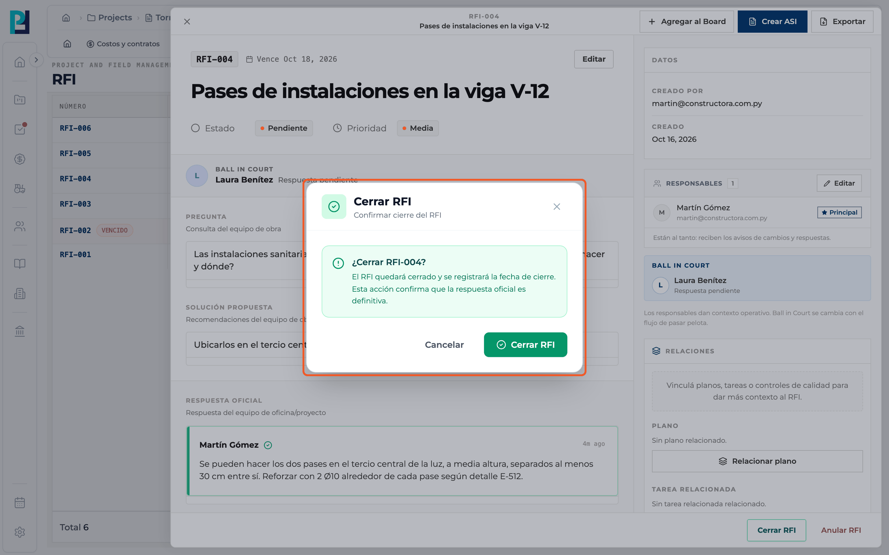 Captura de producto: Cerrar, anular o reabrir un RFI