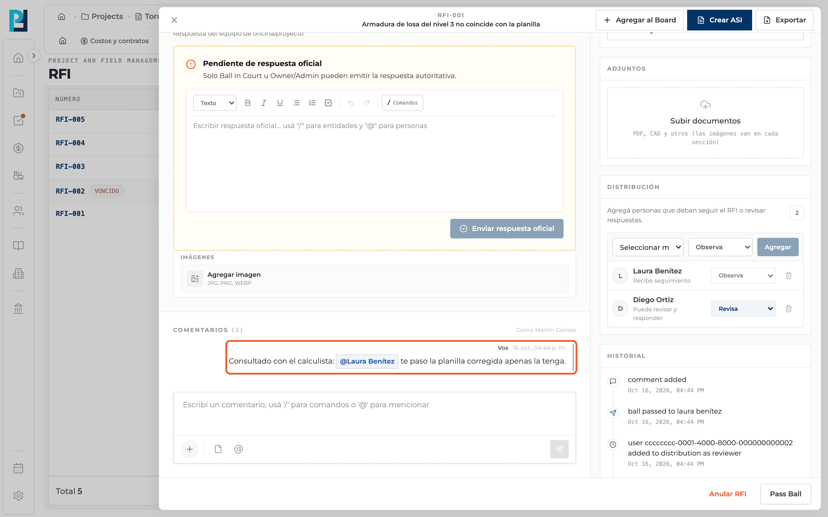 Captura de producto: Comentar y adjuntar evidencia