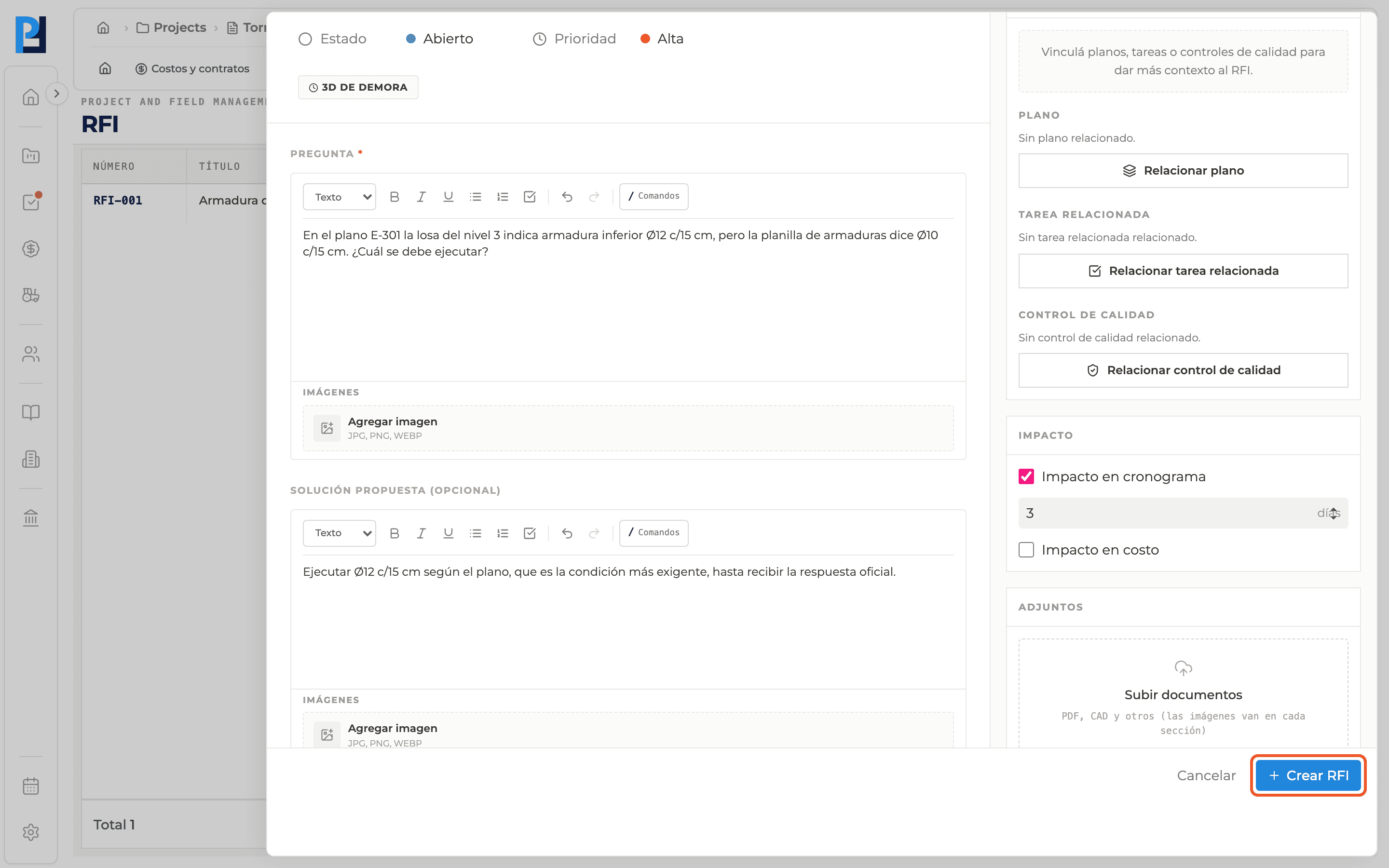 Captura de producto: Crear un RFI