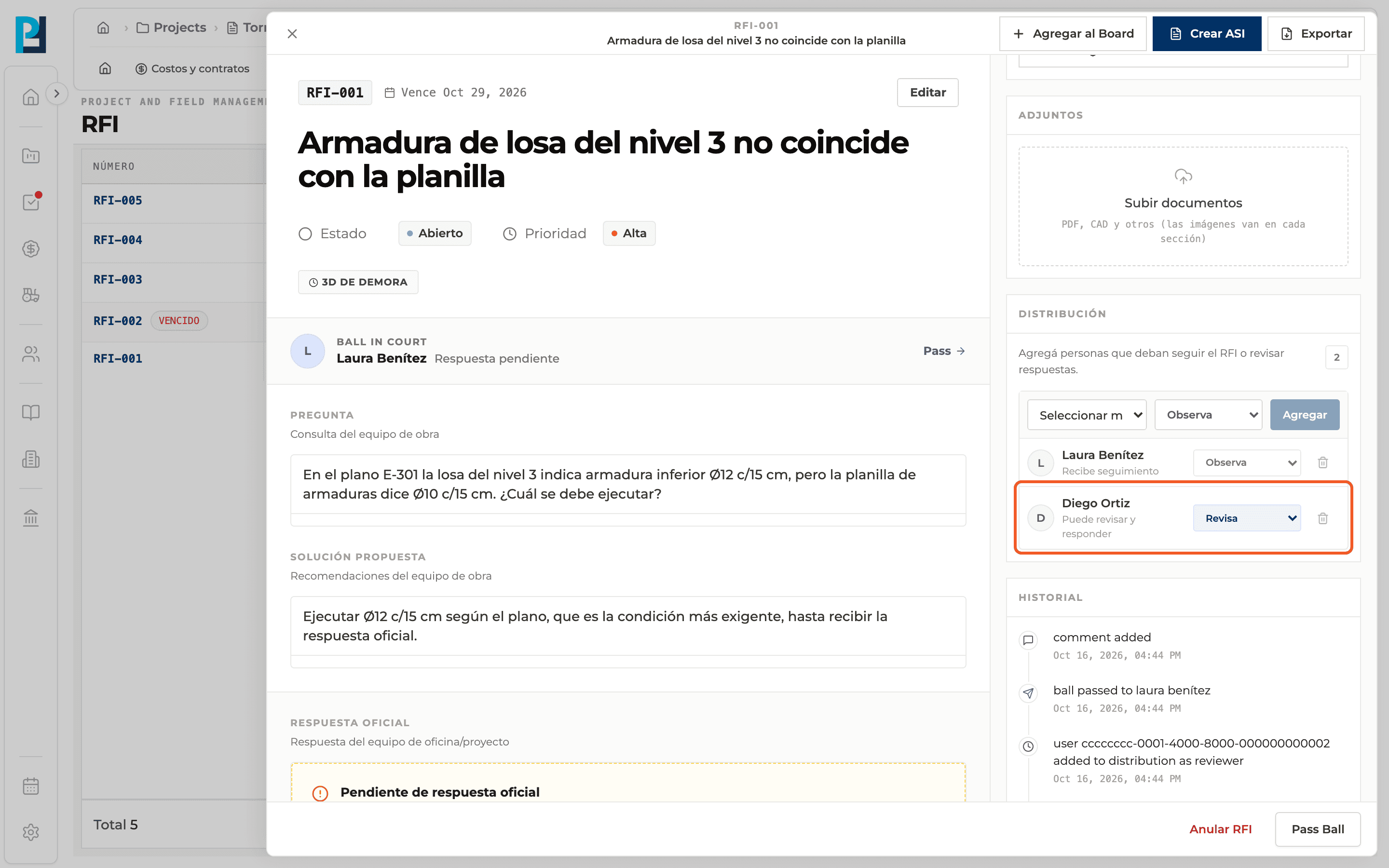 Product screenshot: Distribute the RFI: who observes and who reviews
