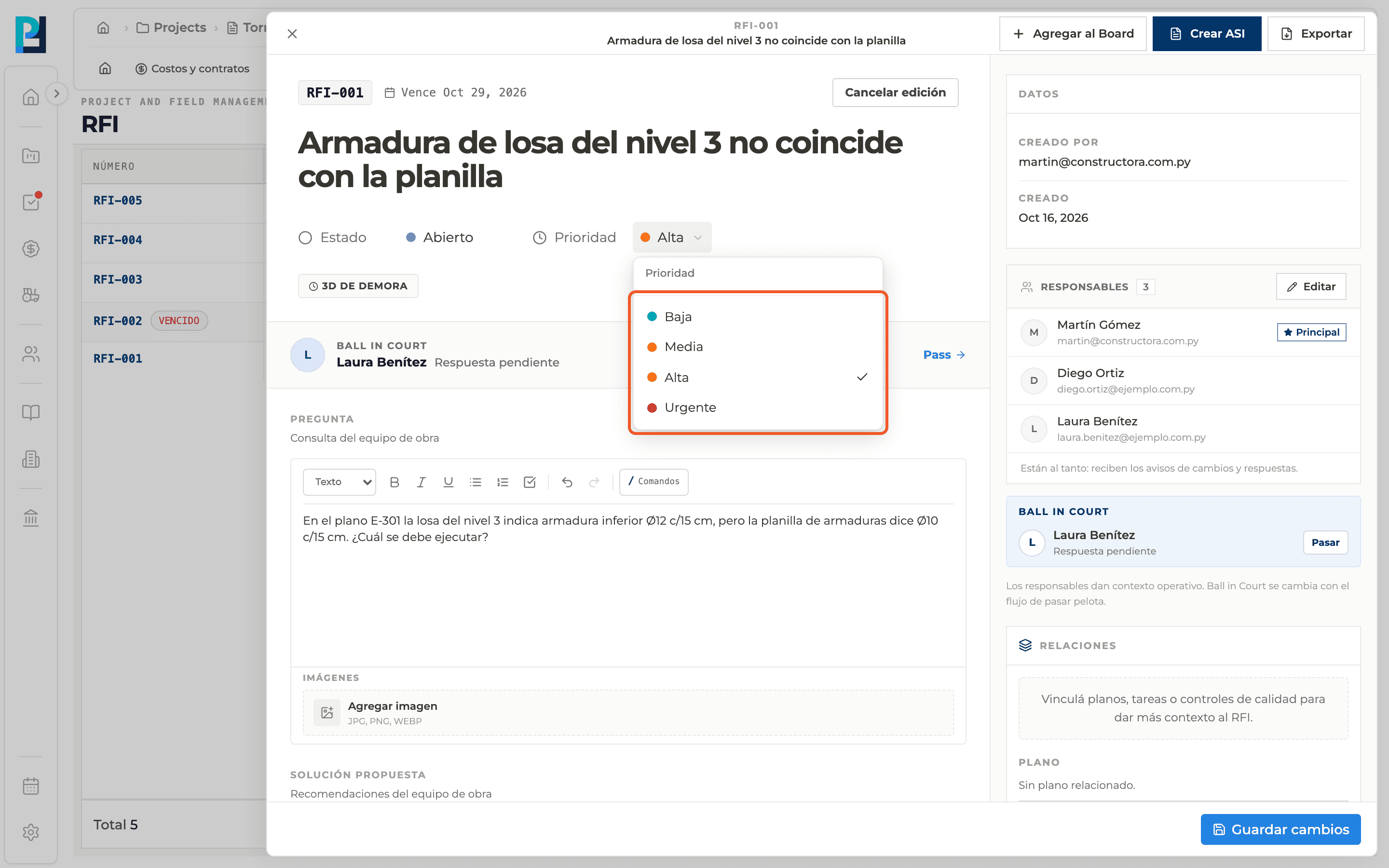 Product screenshot: Edit an existing RFI