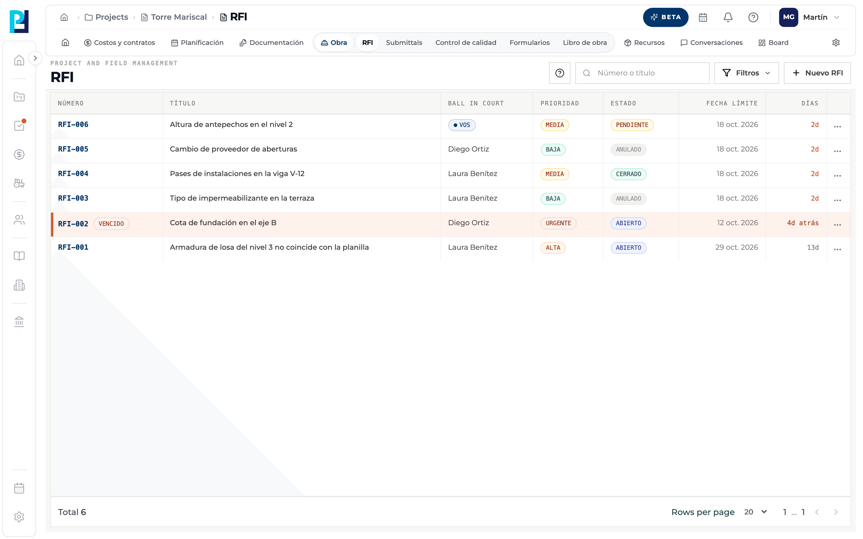 Product screenshot: Search and filter the RFI list