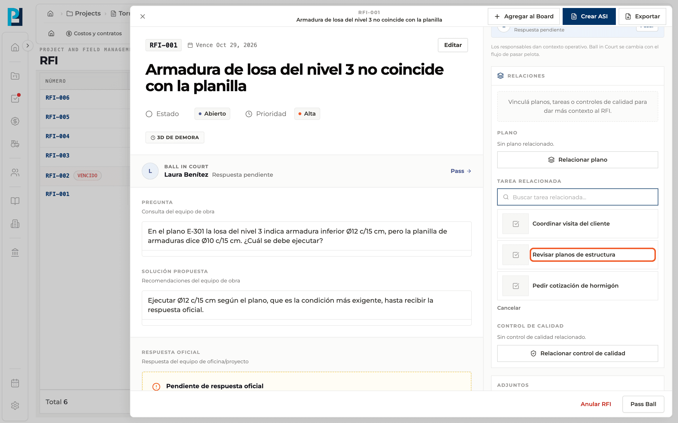 Product screenshot: Relate the RFI to drawings, tasks and quality checks