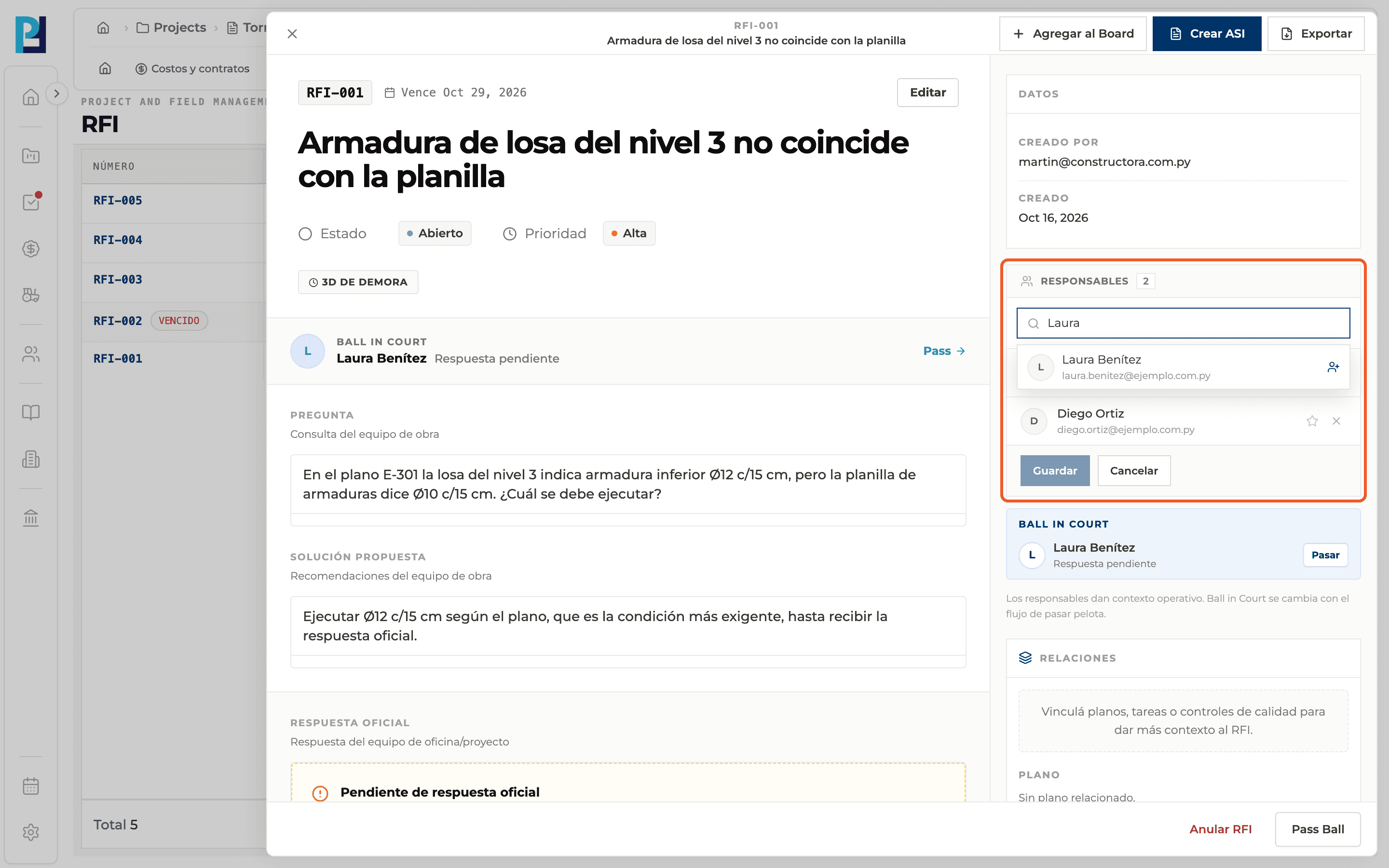 Product screenshot: Assign responsibles to an RFI