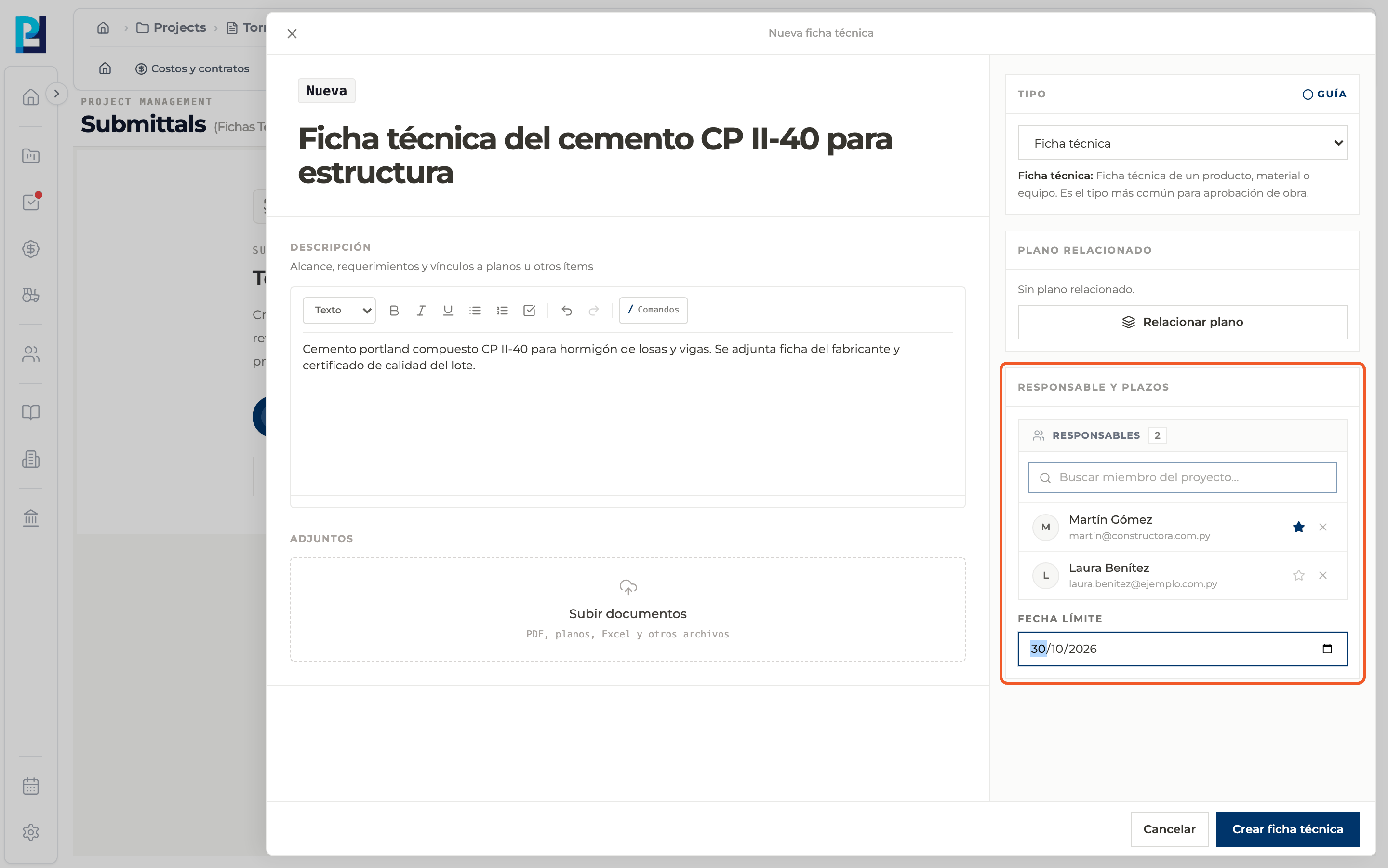 Product screenshot: Create a submittal