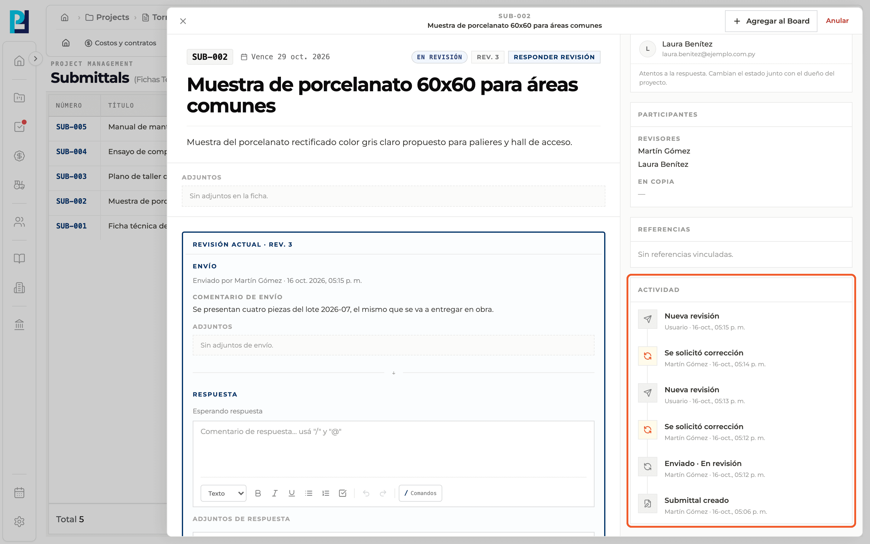 Product screenshot: Activity history and add to Board