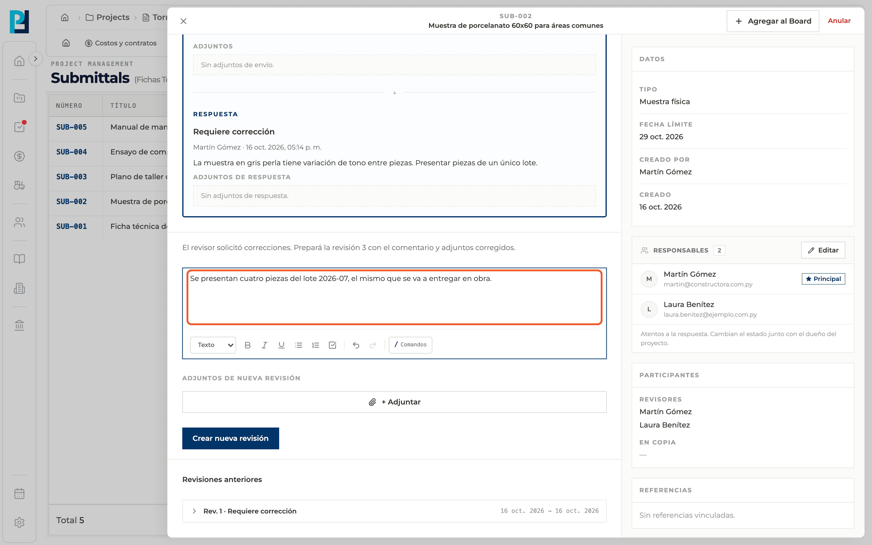 Captura de producto: Crear una nueva revisión y consultar las anteriores
