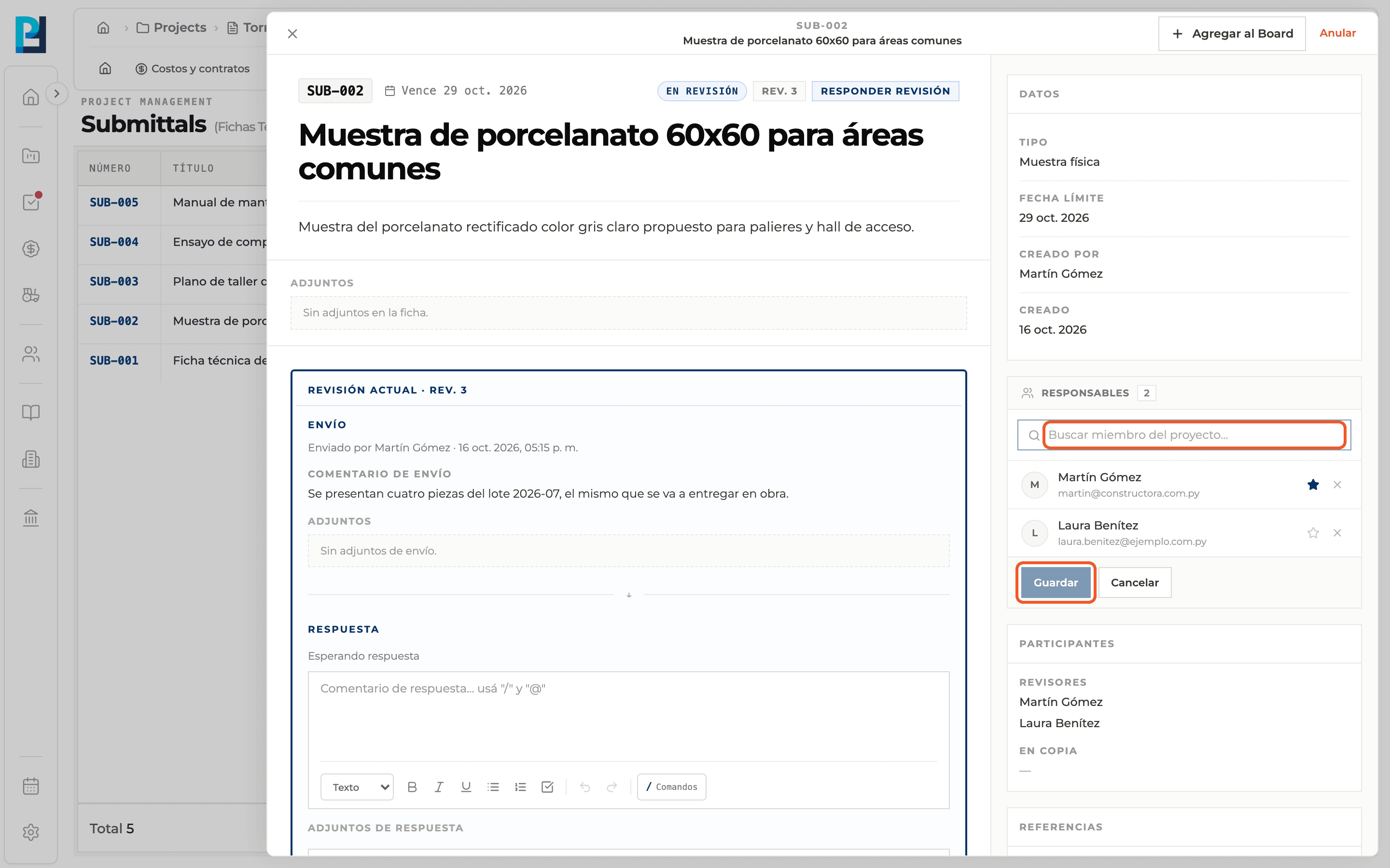 Product screenshot: Responsibles, reviewers and people in copy