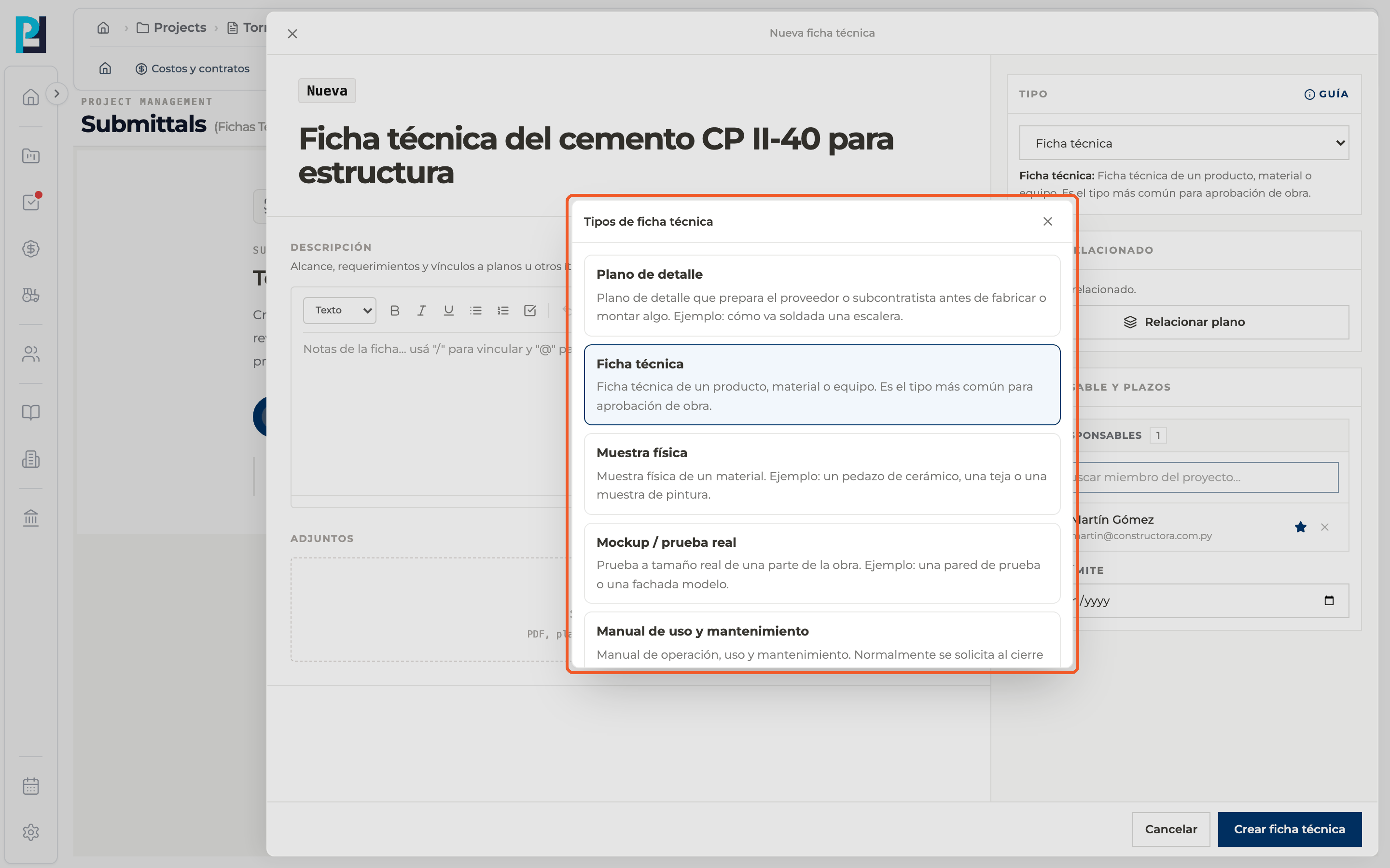 Captura de producto: Elegir el tipo de ficha
