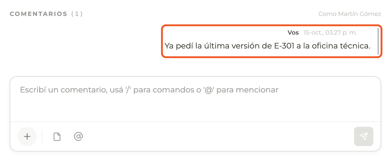 Captura de producto: Comentarios y adjuntos
