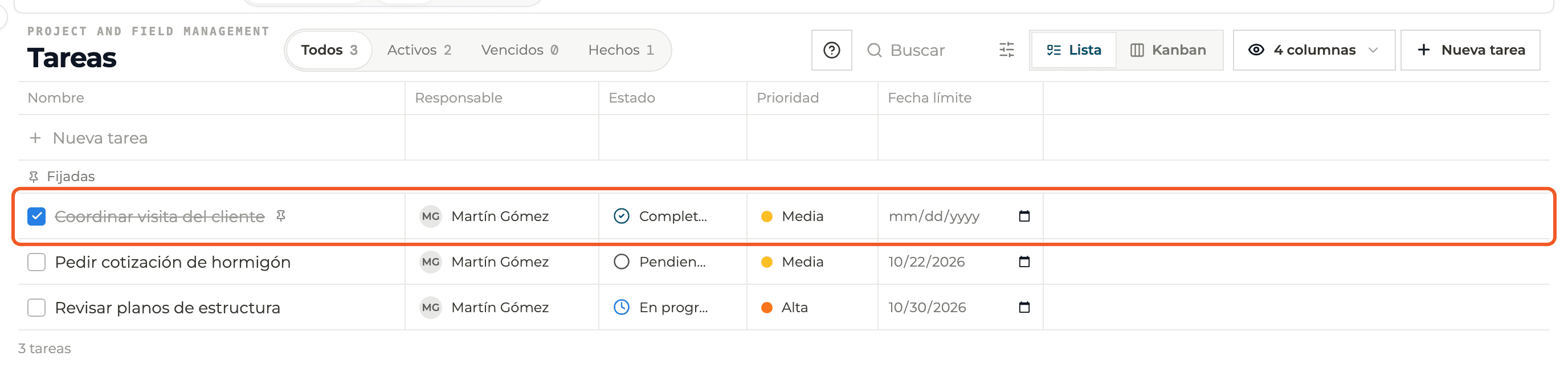 Captura de producto: Completar, reabrir, fijar y eliminar to-dos