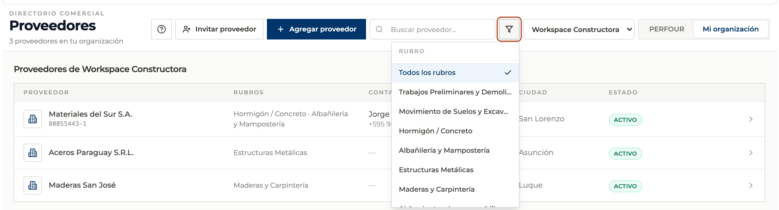 Product screenshot: Search, filter by trade and page through the directory