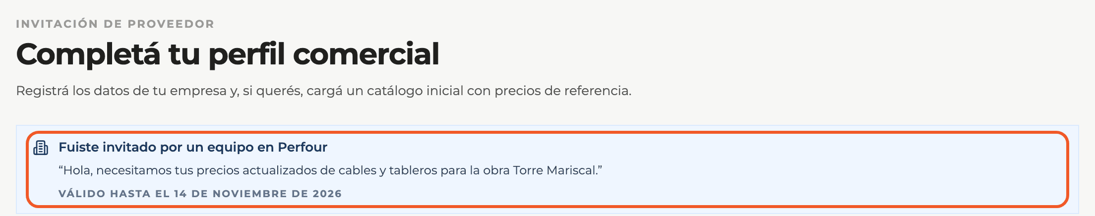 Captura de producto: Invitar a un proveedor con un link para que cargue sus datos