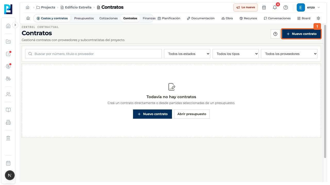 Paso 1: Abrí Costos y contratos > Contratos y pulsá Nuevo contrato.