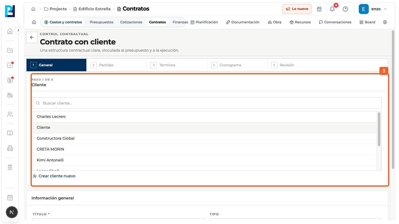 Paso 3: En General, buscá y seleccioná al cliente correcto. También se ofrece Crear cliente nuevo.