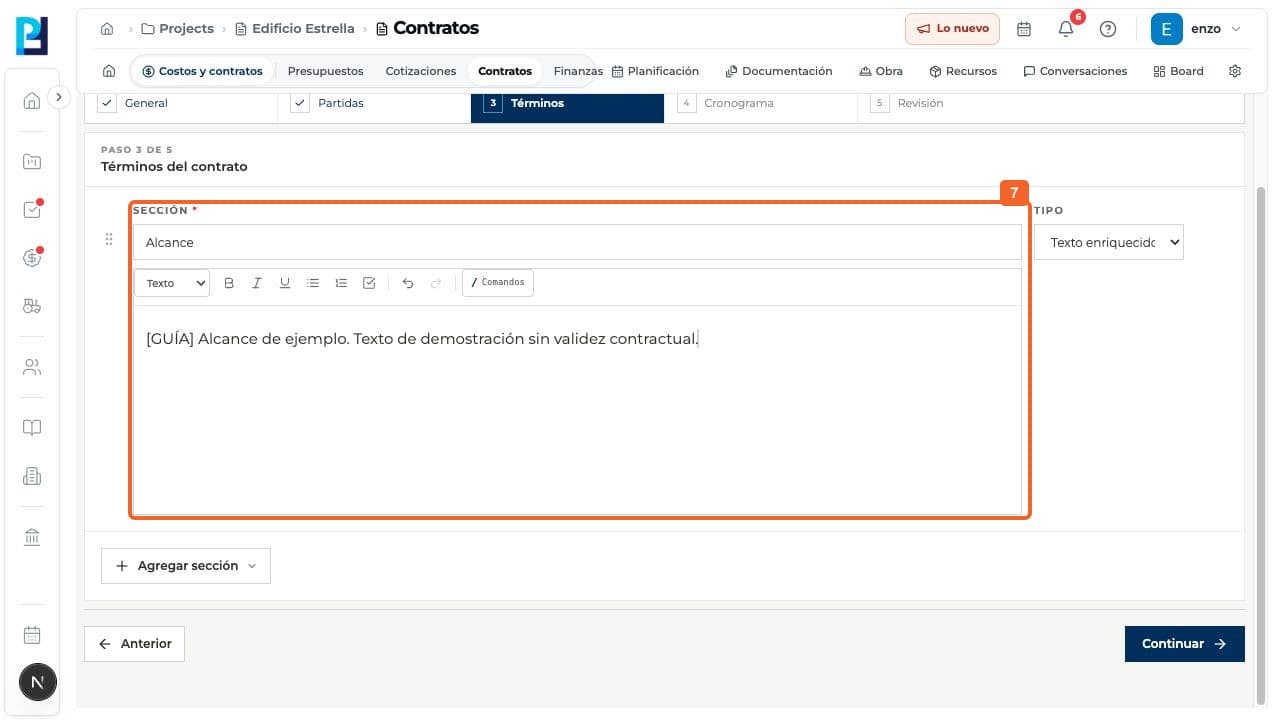Paso 7: Completá el contenido de la sección. En la prueba se añadió Alcance con texto de demostración; al estar vacía, Continuar quedaba bloqueado.