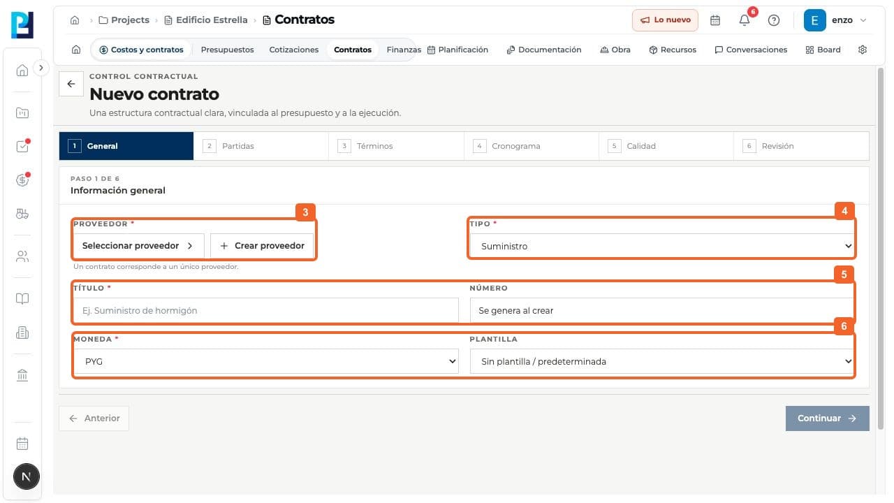 Paso 3: En General, seleccioná un proveedor del proyecto u organización.