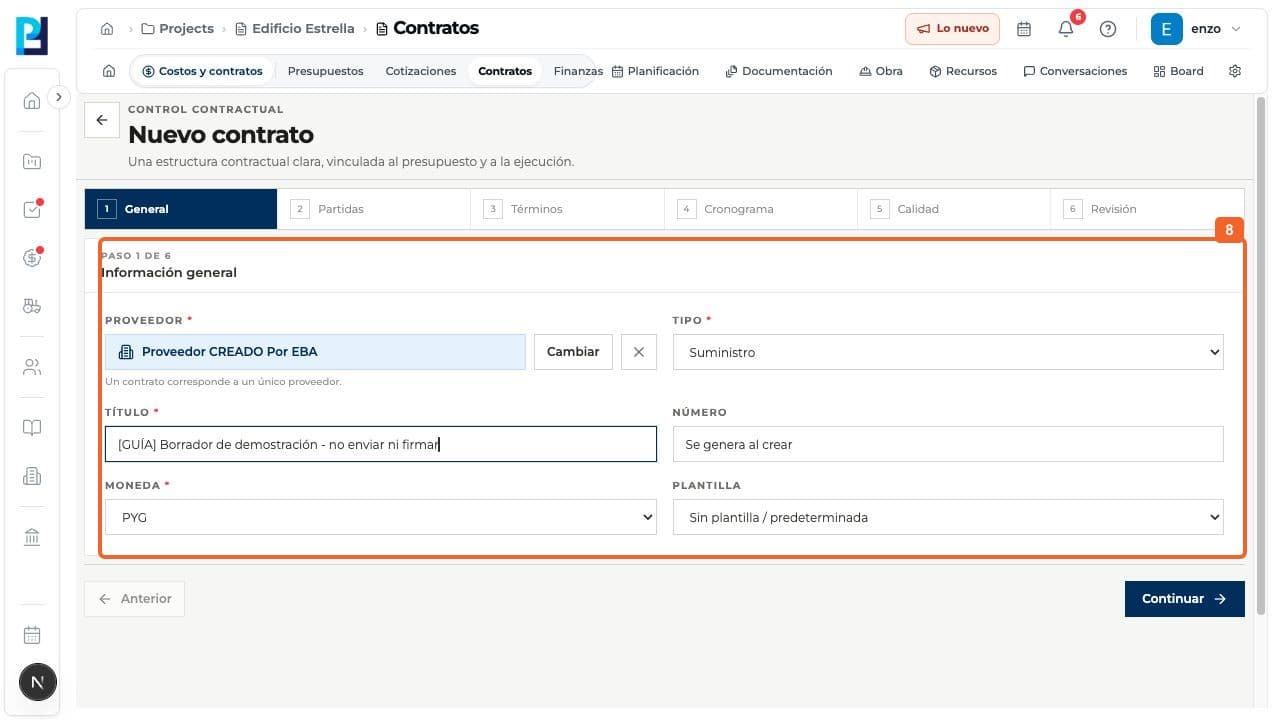 Paso 9: Verificá los datos generales cargados y pulsá Continuar.