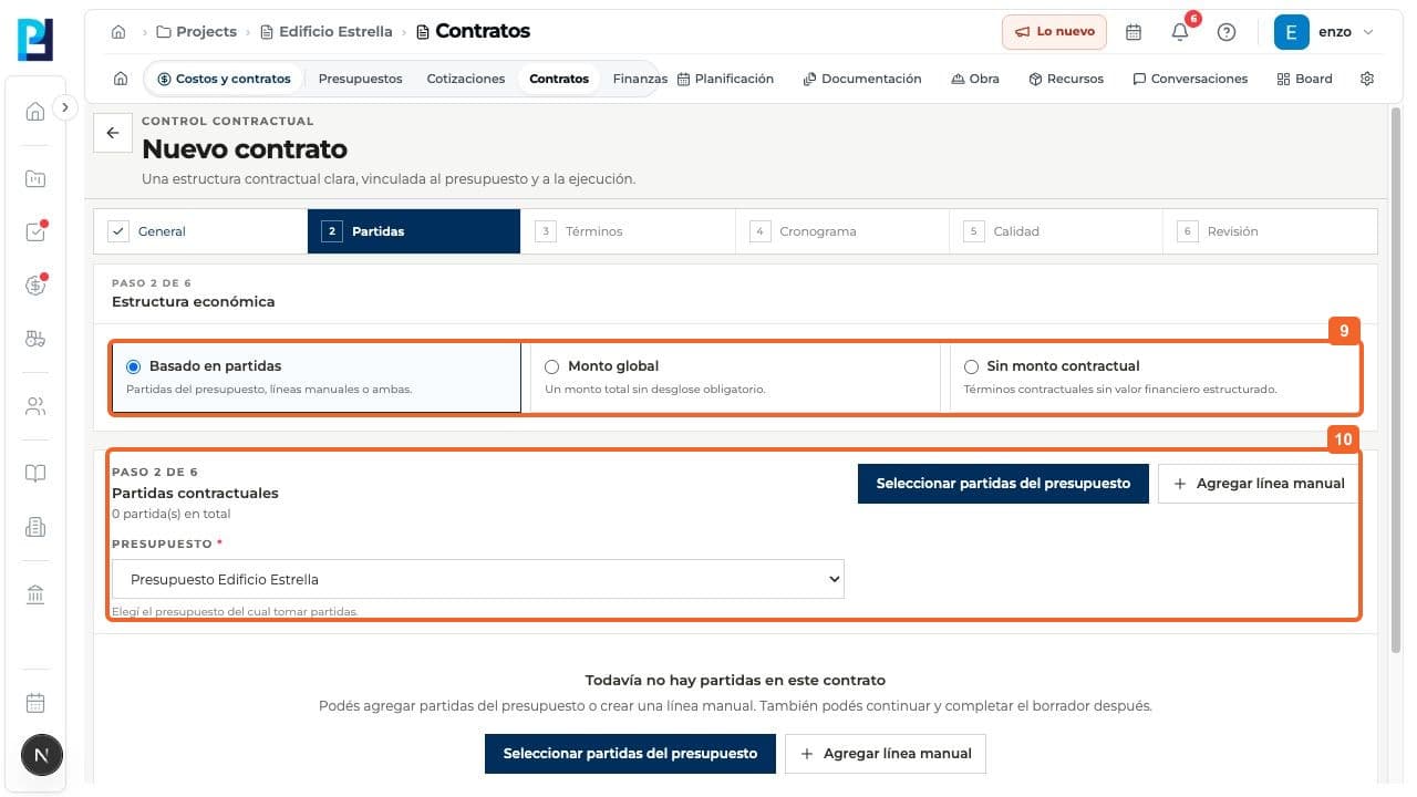 Paso 10: En Partidas, elegí la estructura económica: Basado en partidas, Monto global o Sin monto contractual. La captura muestra la primera opción, sin agregar líneas.