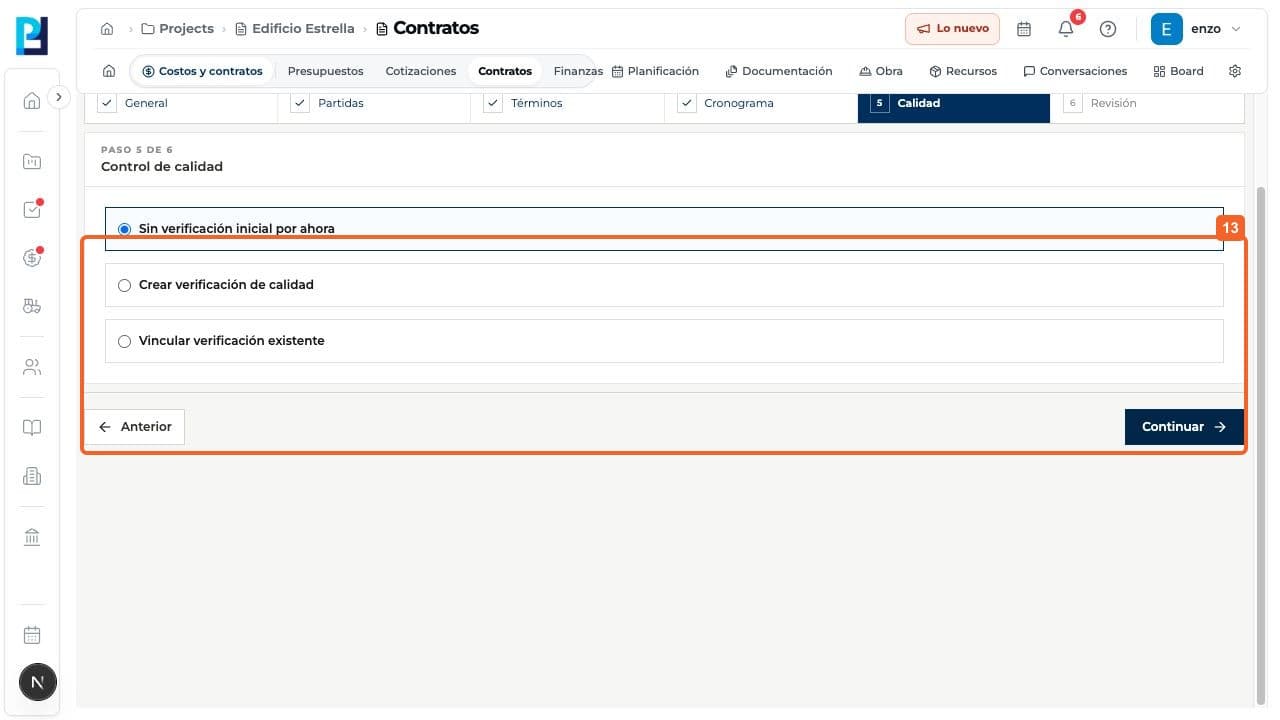 Paso 14: En Calidad, elegí si crear o vincular una verificación, o dejarla para después.