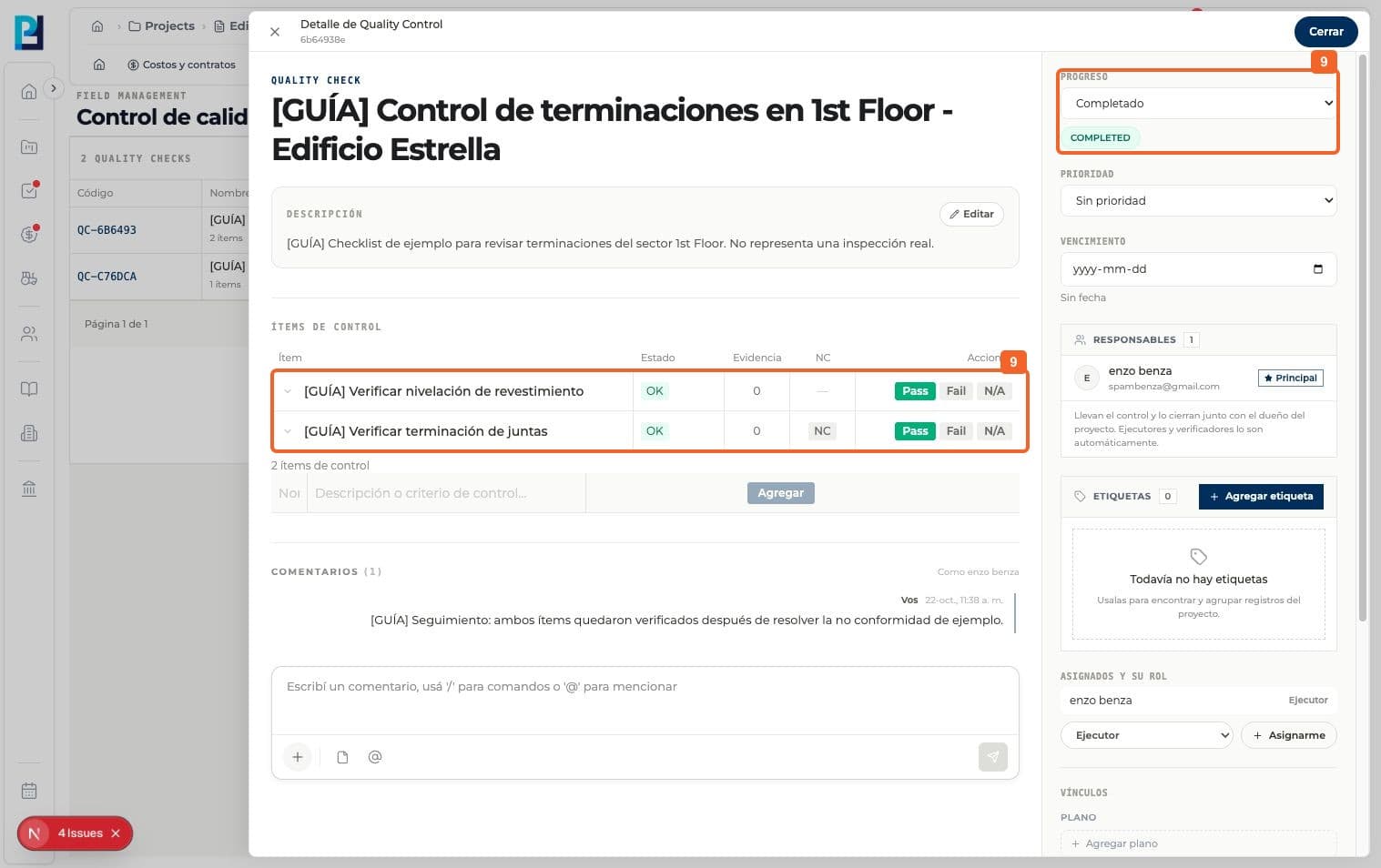 Product screenshot: Close a quality check